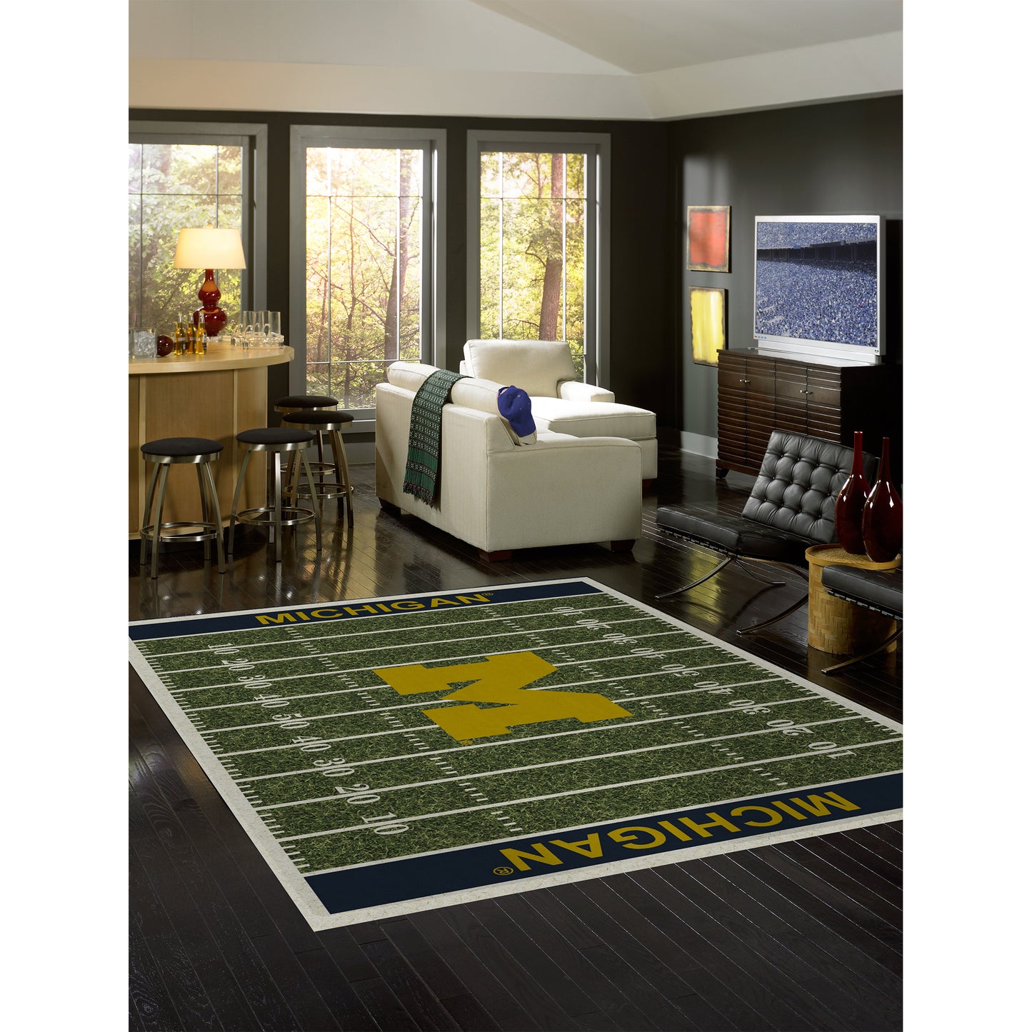 Michigan Wolverines home field style area rug lifestyle