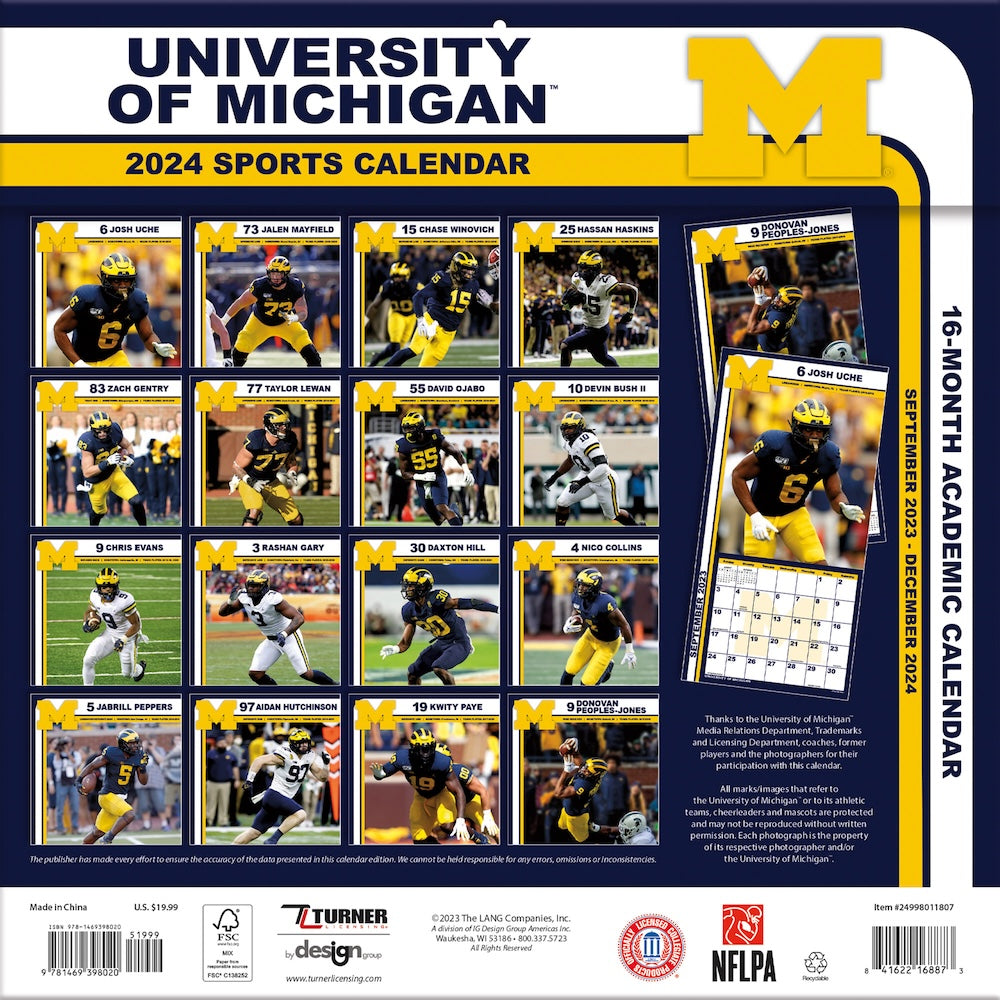 Michigan Wolverines Team Photos Wall Calendar Back