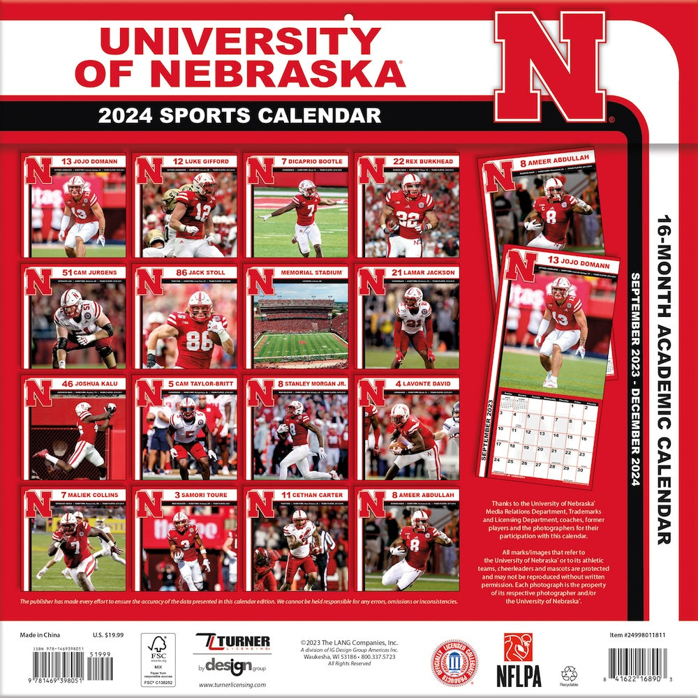 Nebraska Cornhuskers Team Photos Wall Calendar Back