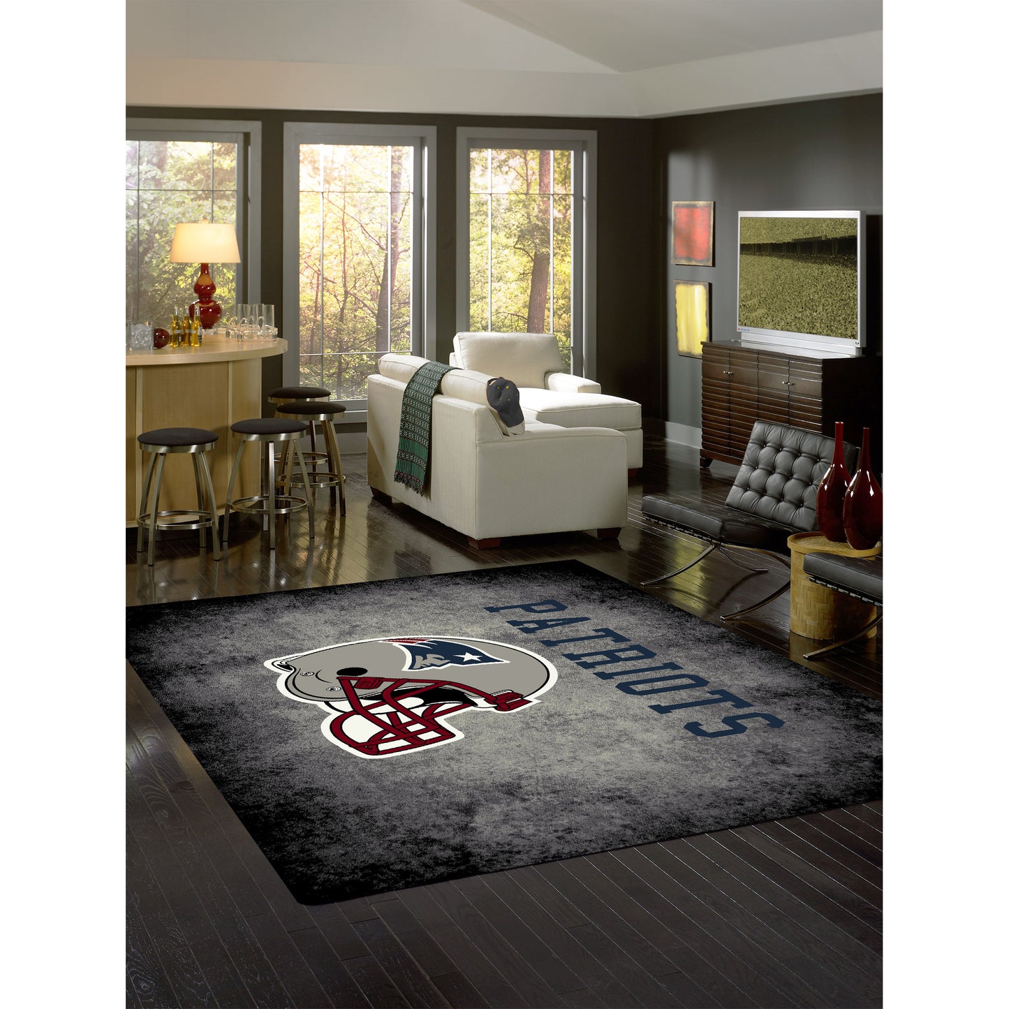 New England Patriots distressed style area rug lifestyle