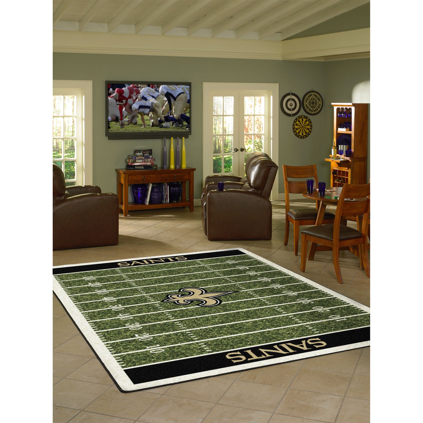 New Orleans Saints home field style area rug lifestyle