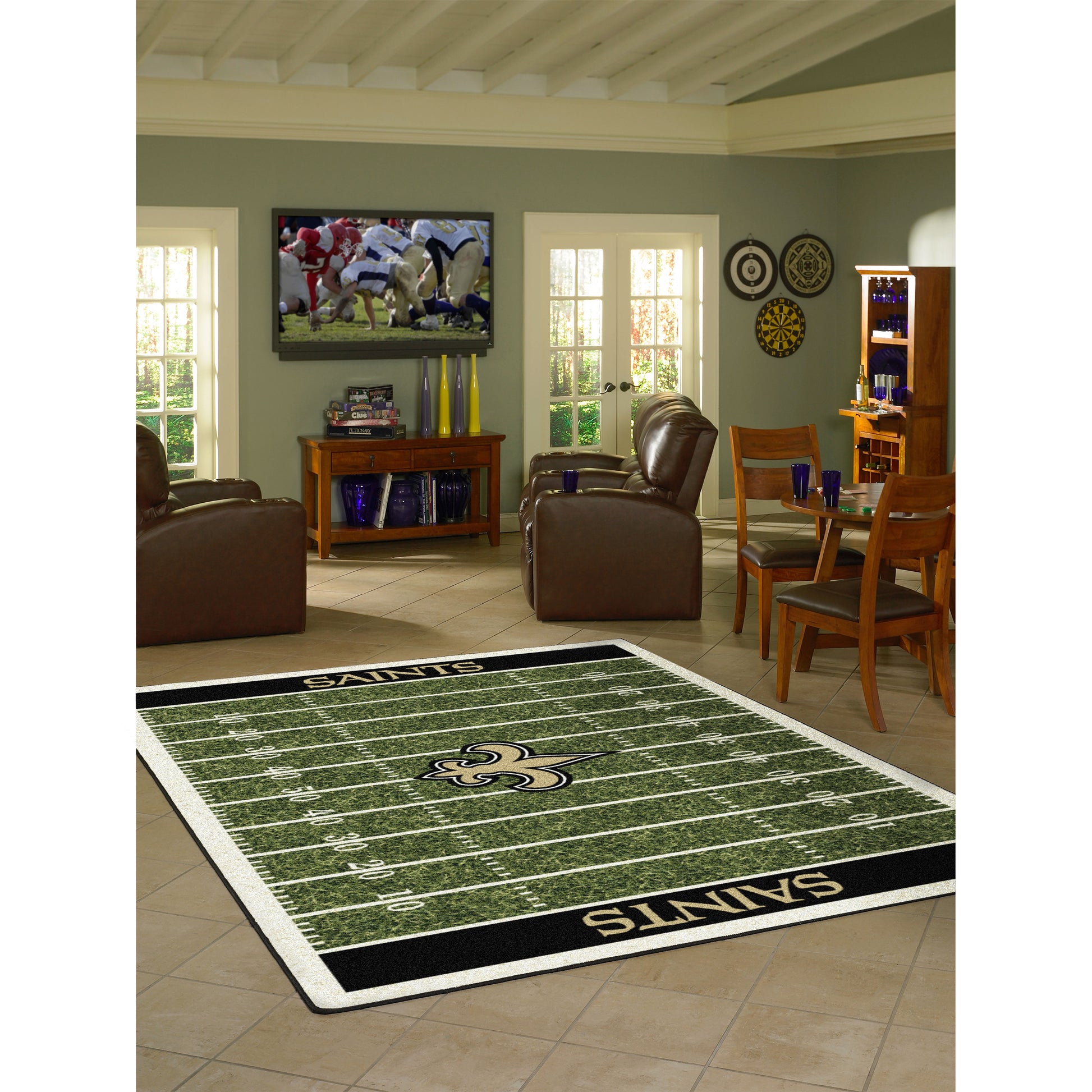 New Orleans Saints home field style area rug lifestyle