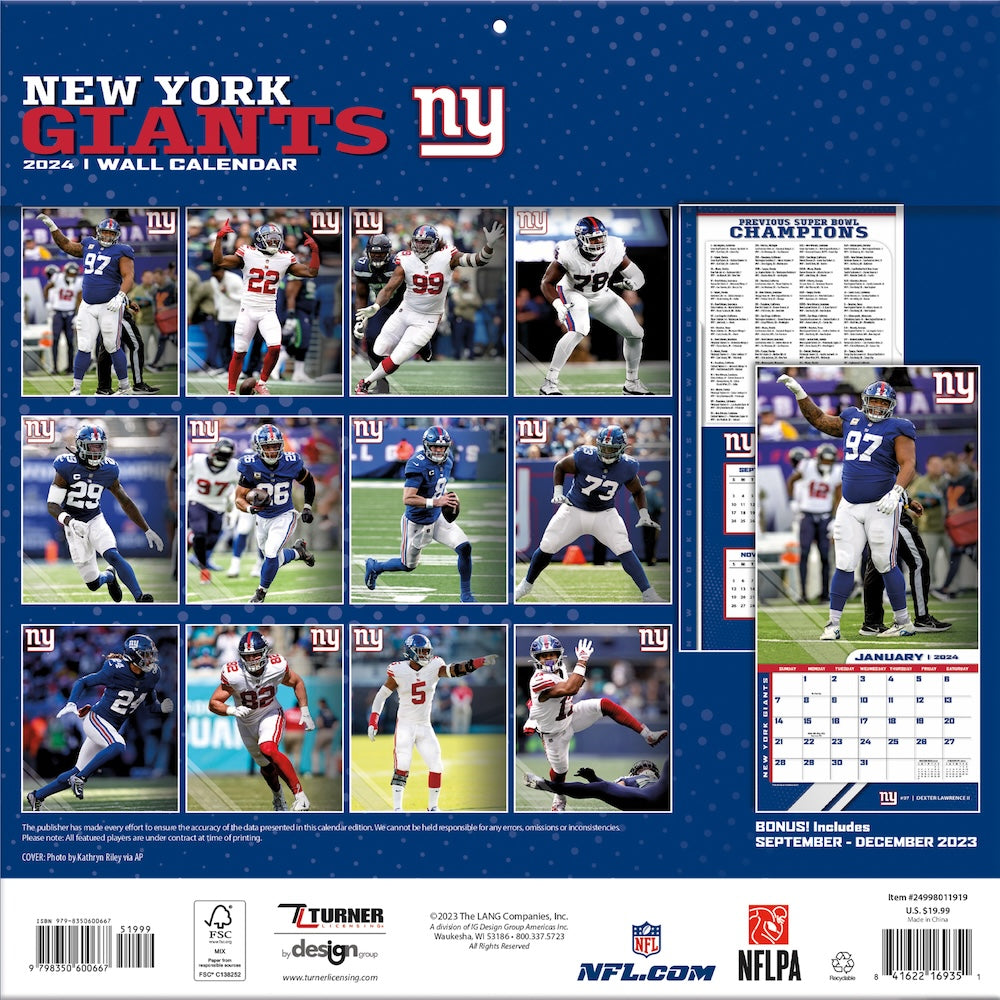 New York Giants Team Photos Wall Calendar Back