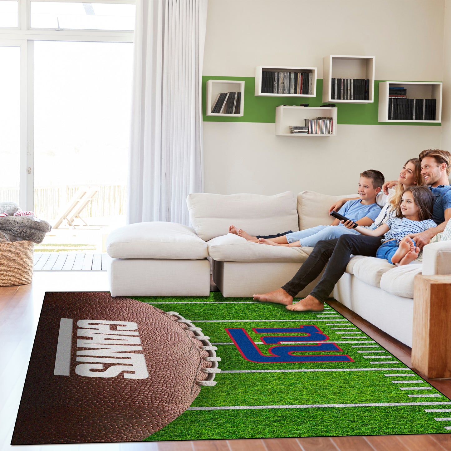 New York Giants washable football field rug lifestyle