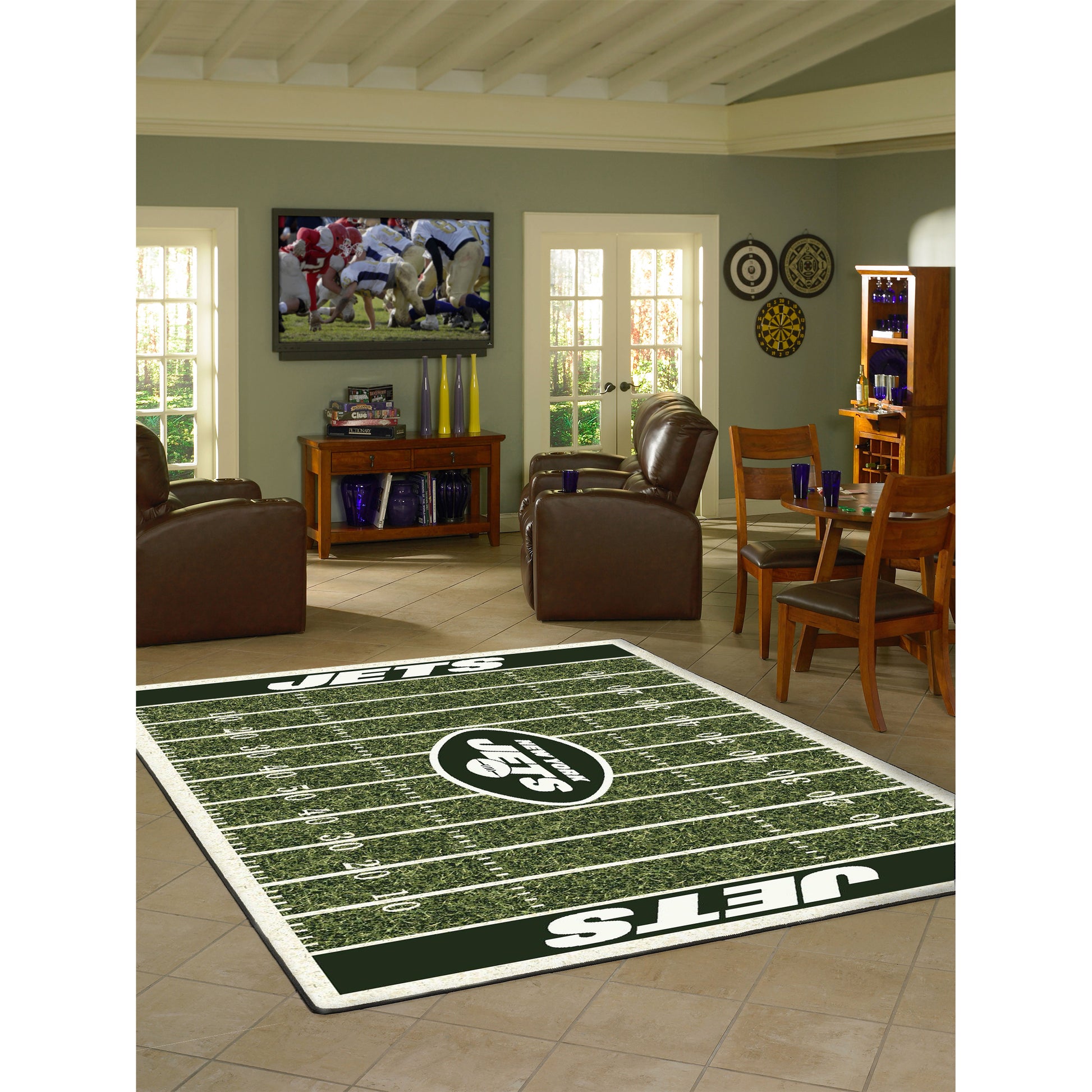 New York Jets home field style area rug lifestyle