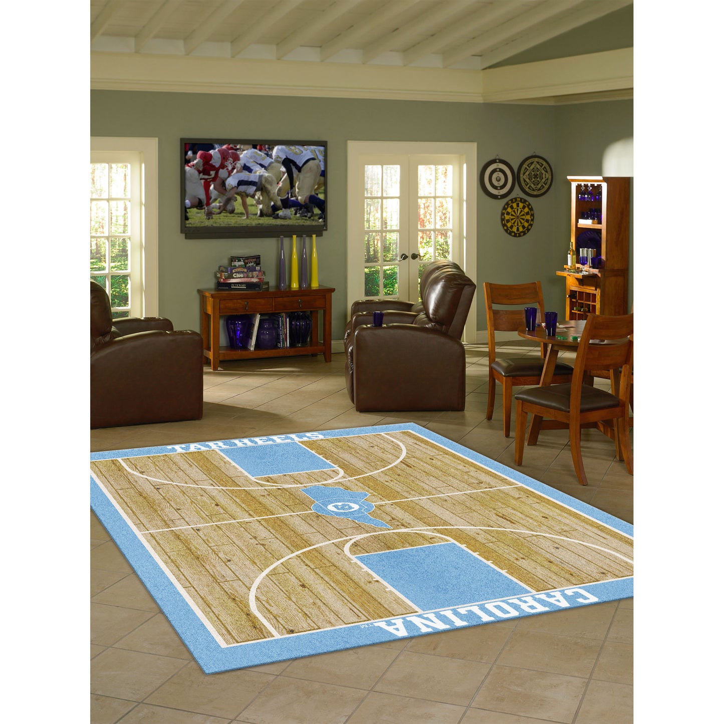 North Carolina Tar Heels courtside style area rug lifestyle