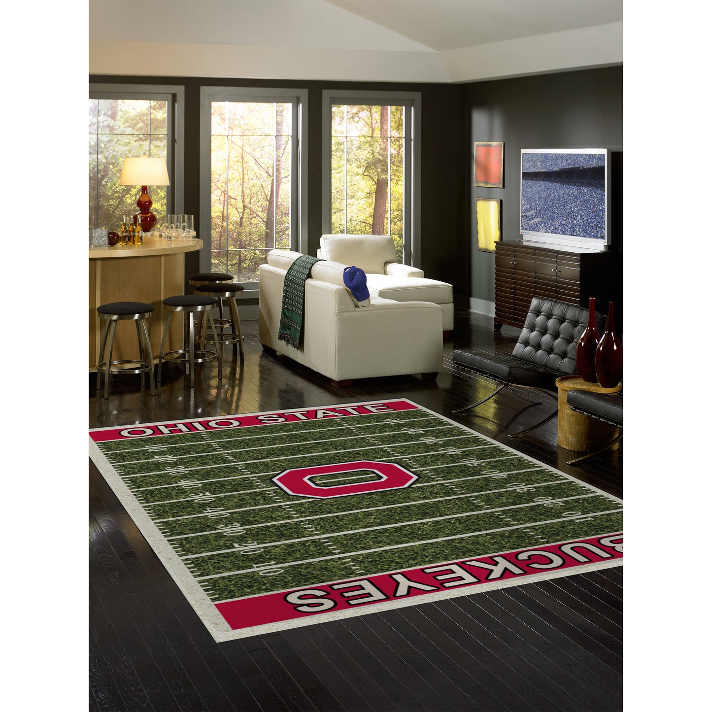 Ohio State Buckeyes home field style area rug lifestyle