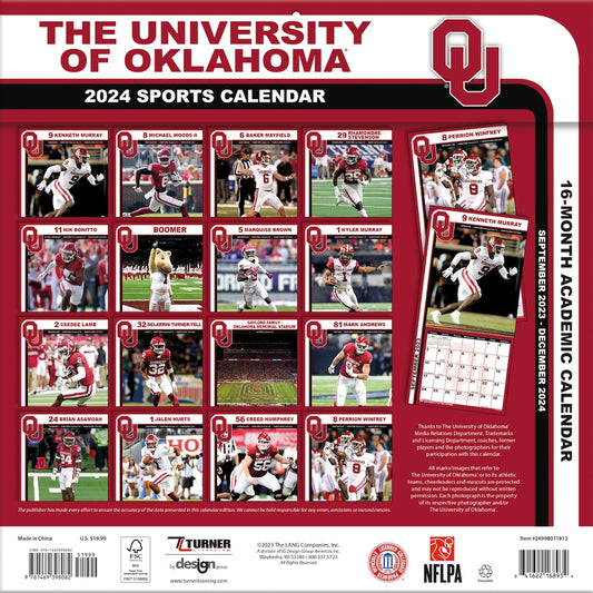 Oklahoma Sooners Team Photos Wall Calendar Back