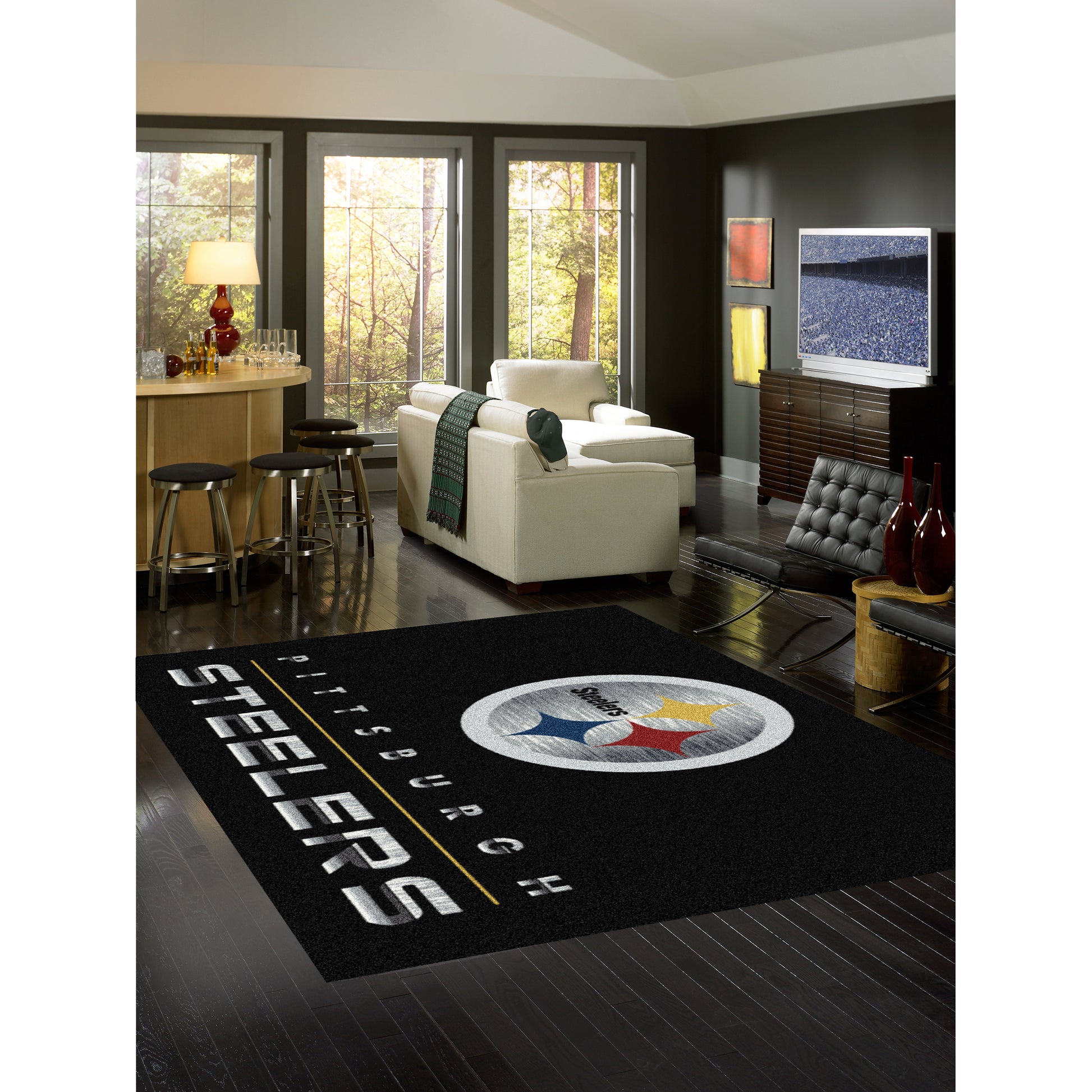 Pittsburgh Steelers chrome style area rug lifestyle