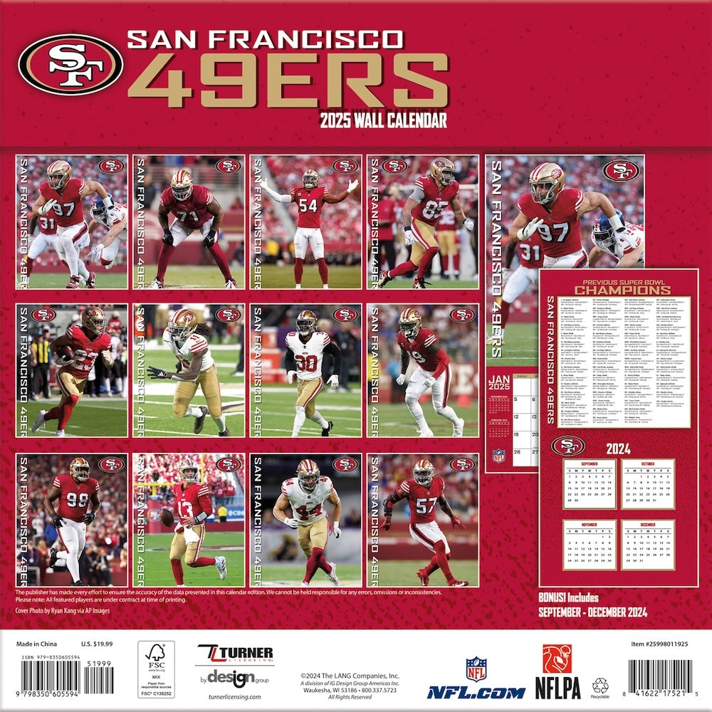 San Francisco 49ers Team Photos Wall Calendar Back