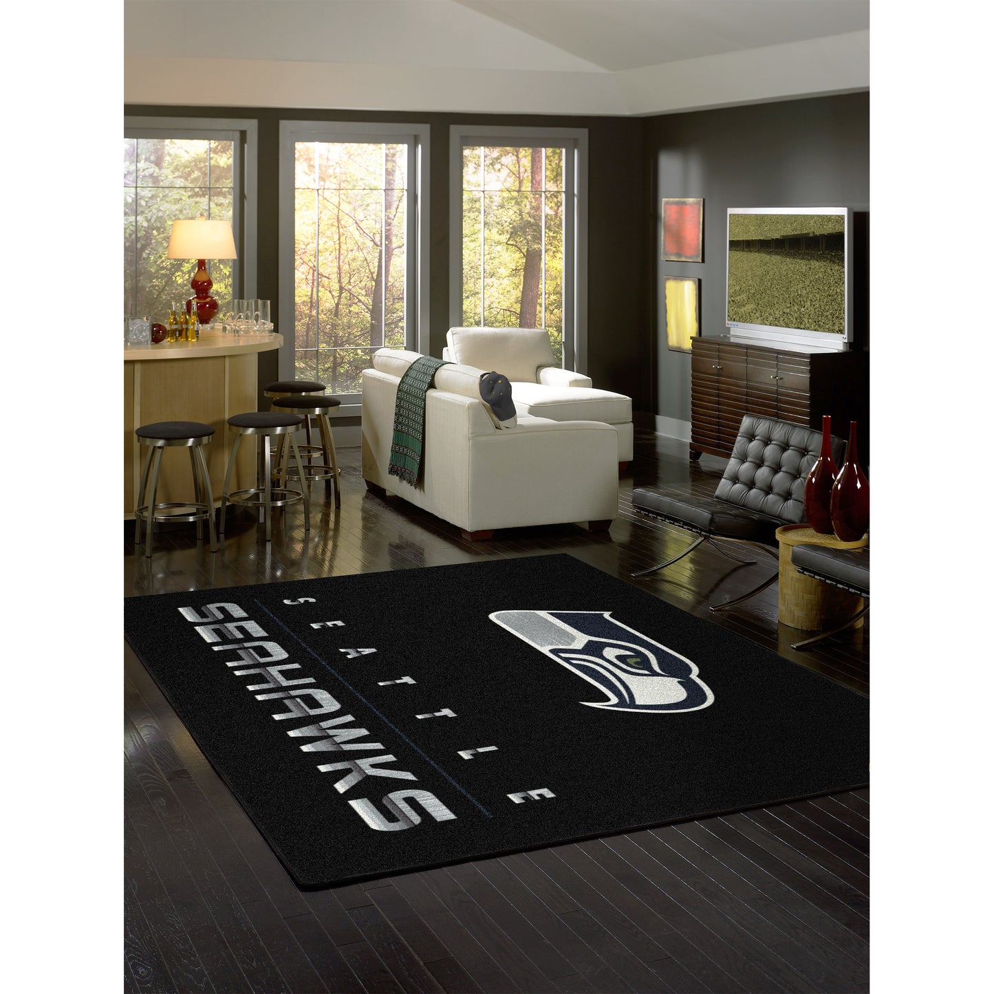 Seattle Seahawks chrome style area rug lifestyle