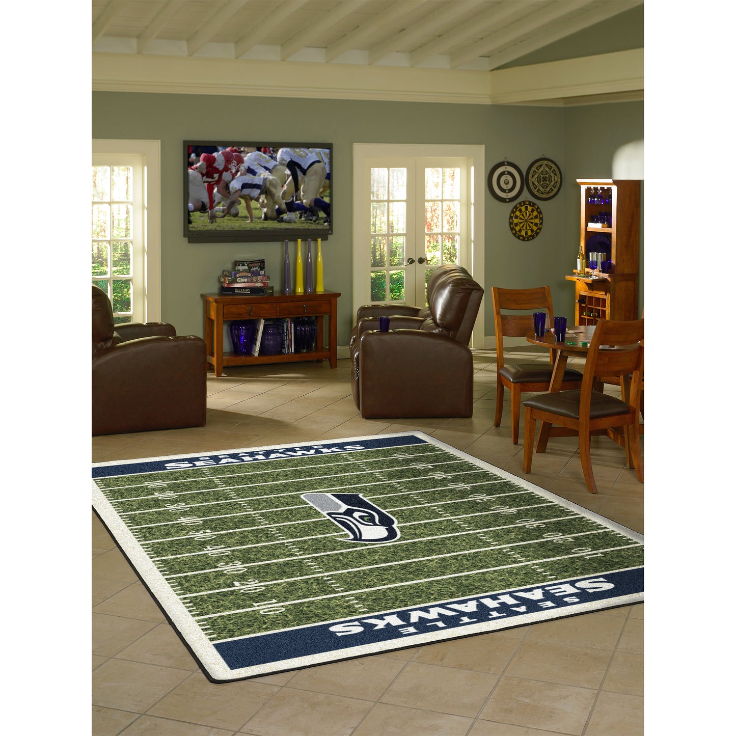 Seattle Seahawks home field style area rug lifestyle