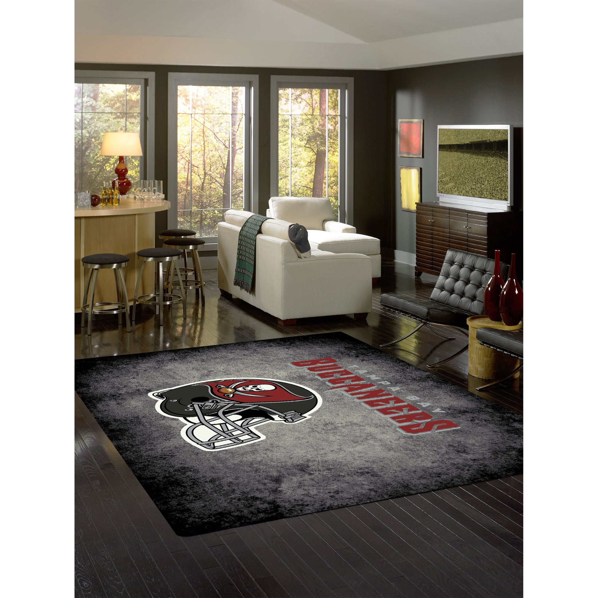 Tampa Bay Buccaneers distressed style area rug lifestyle