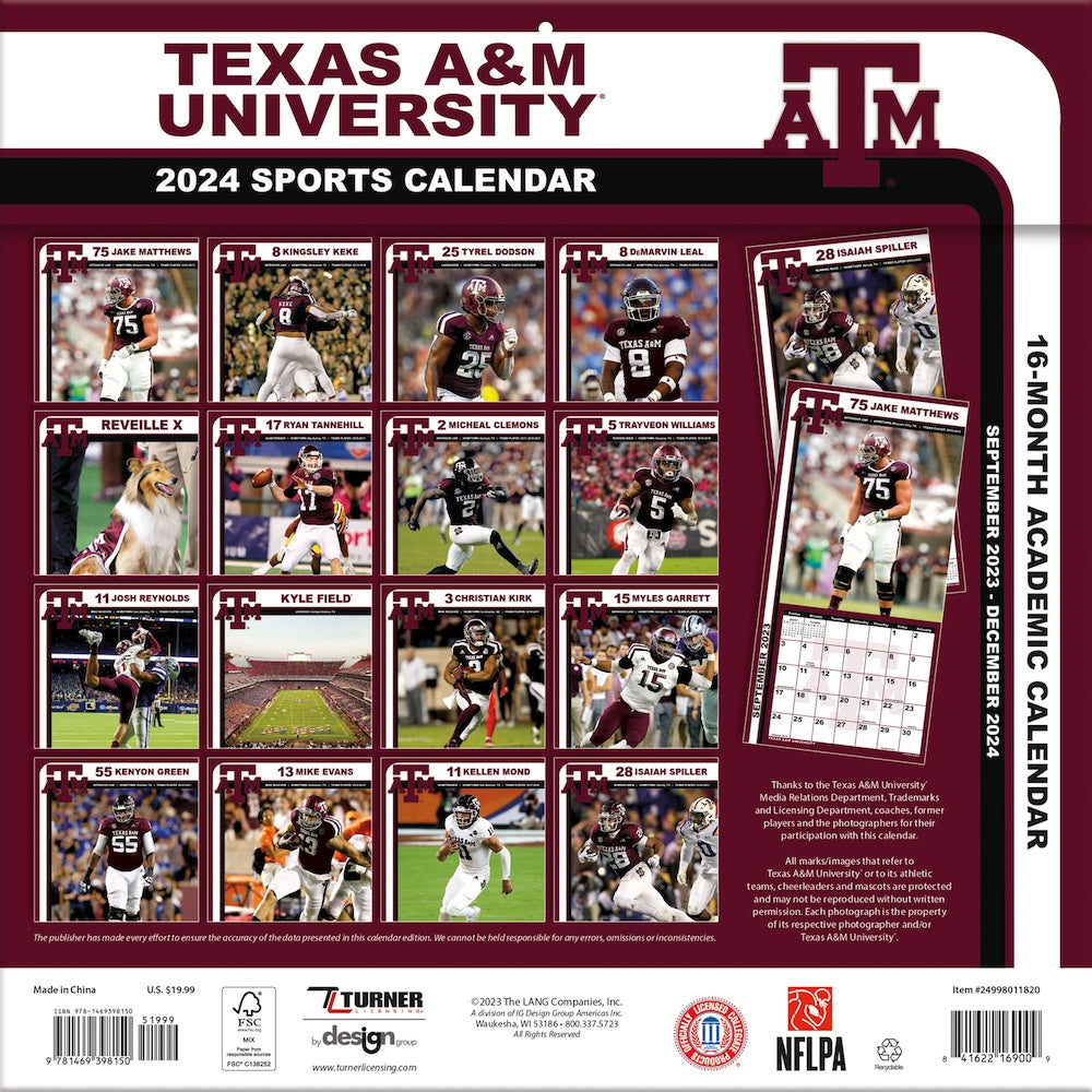 Texas A&M Aggies Team Photos Wall Calendar Back