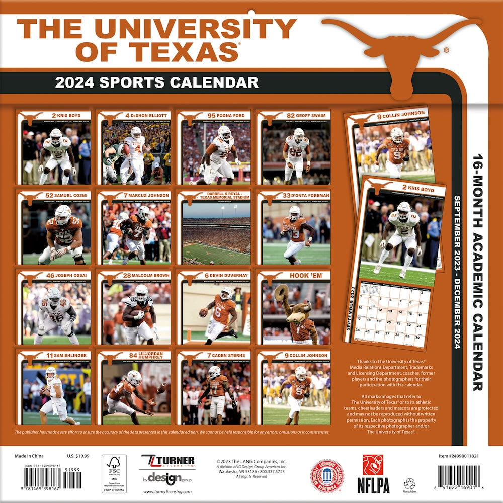 Texas Longhorns Team Photos Wall Calendar Back