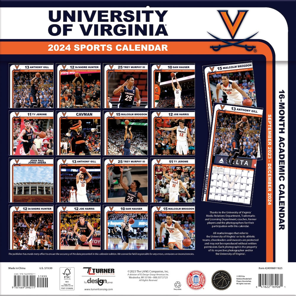 Virginia Cavaliers Team Photos Wall Calendar Back