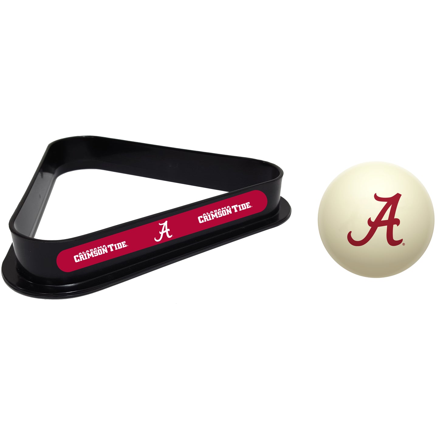 Buy Official Alabama-Crimson-Tide-Pool-Cue-Ball-Triangle-Rack-Set Regulation Cue Ball and Ball Rack Set - Premium Collegiate Billiards Combo View