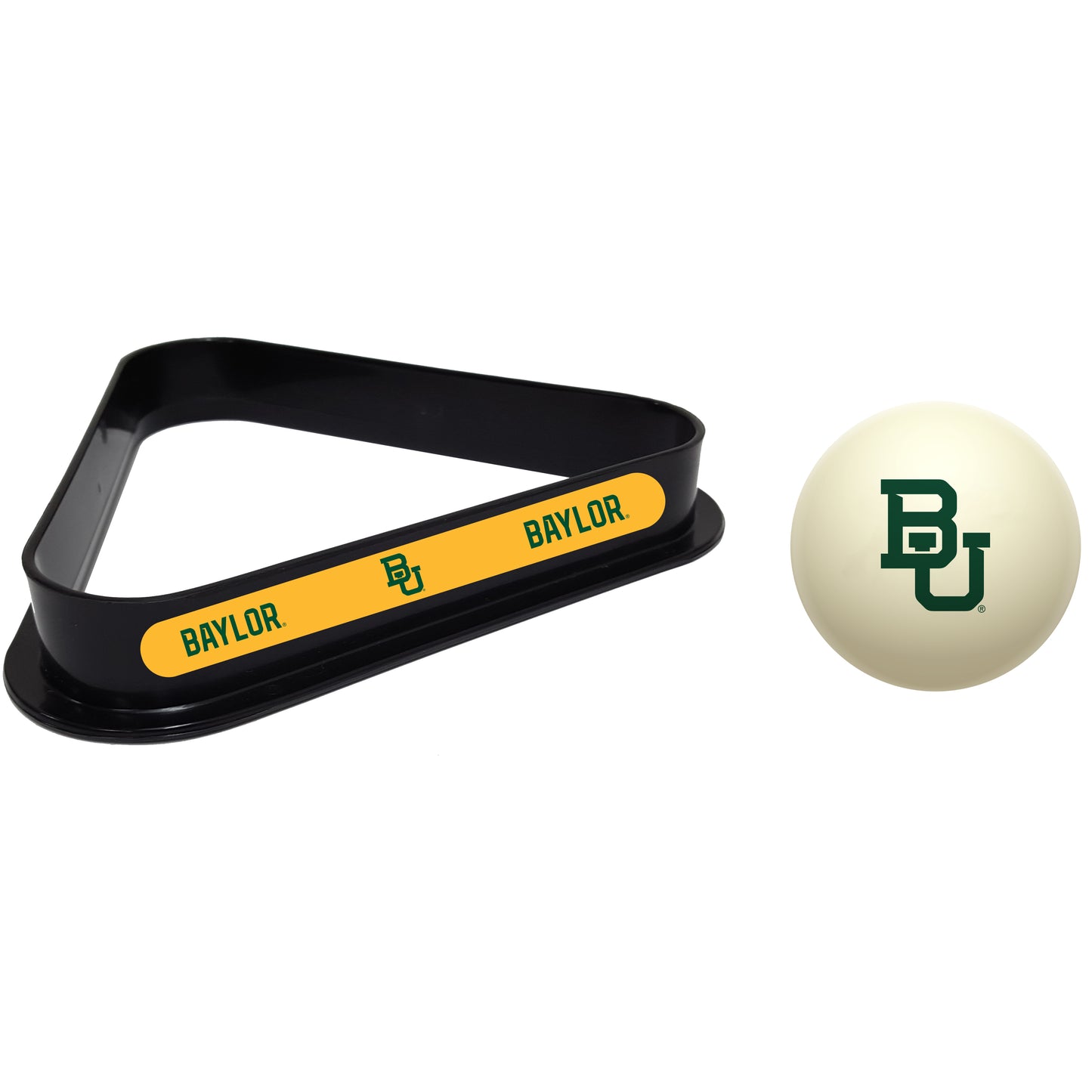 Buy Official Baylor-Bears-Pool-Cue-Ball-Triangle-Rack-Set Regulation Cue Ball and Ball Rack Set - Premium Collegiate Billiards Combo View