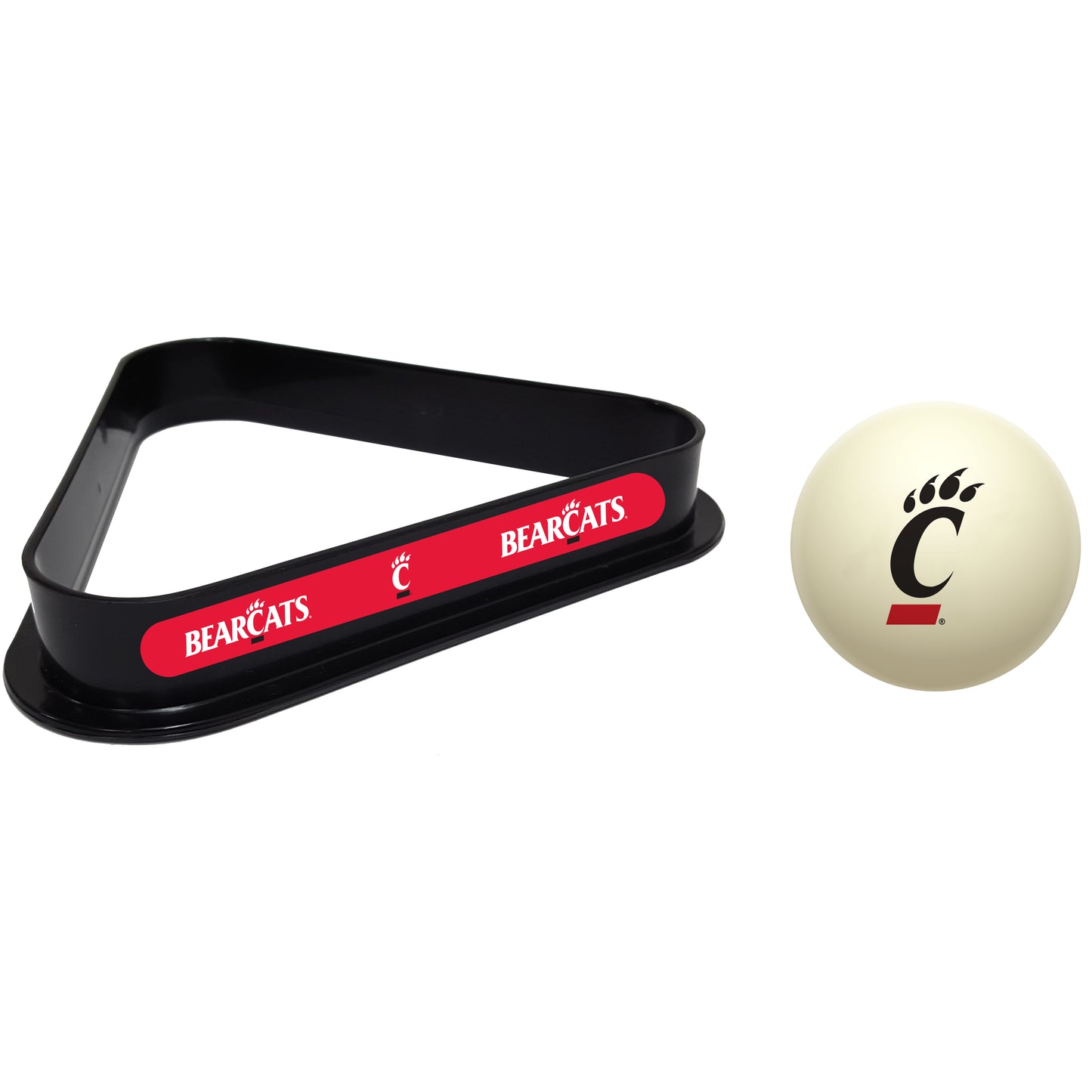 Buy Official Cincinnati-Bearcats-Pool-Cue-Ball-Triangle-Rack-Set Regulation Cue Ball and Ball Rack Set - Premium Collegiate Billiards Combo View