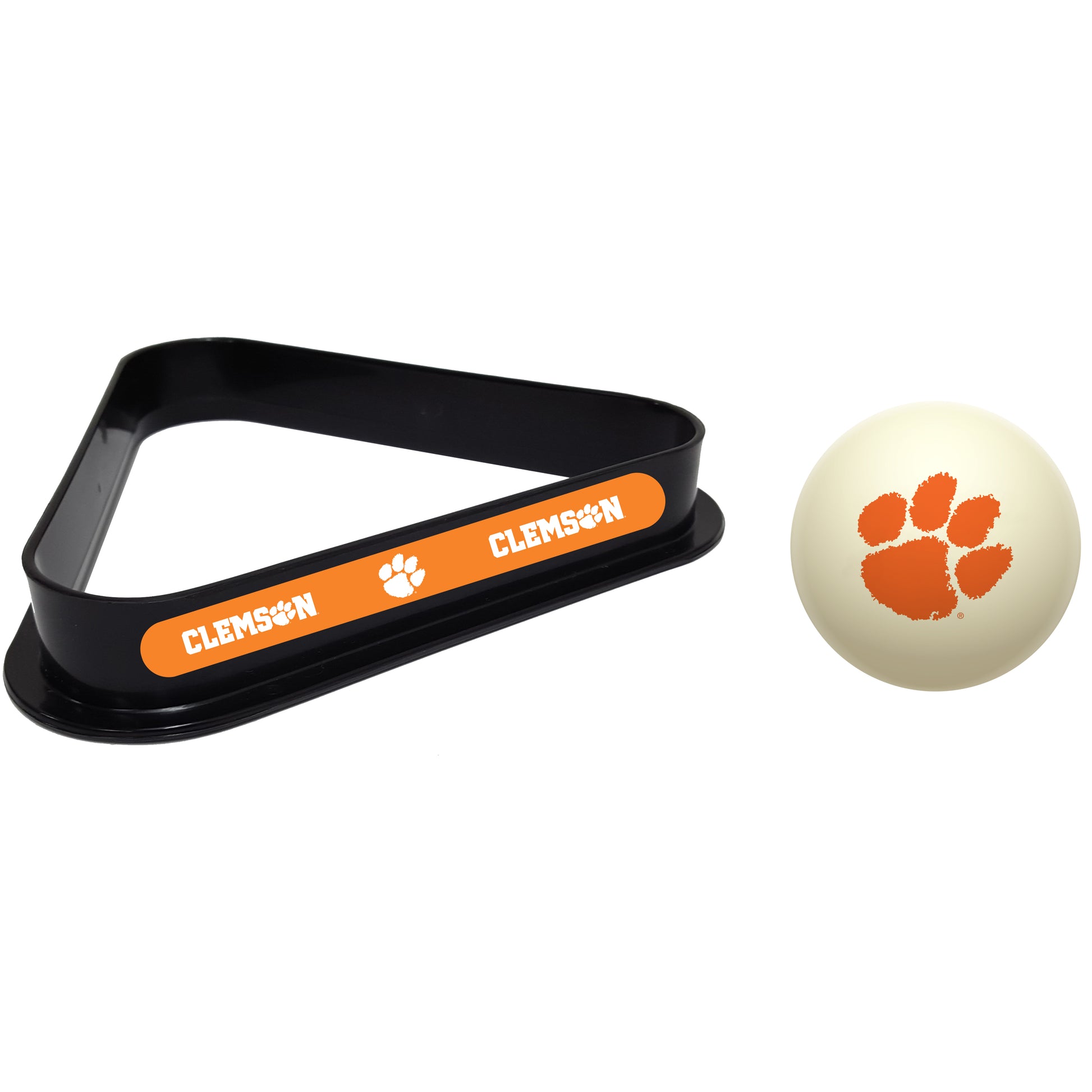 Buy Official Clemson-Tigers-Pool-Cue-Ball-Triangle-Rack-Set Regulation Cue Ball and Ball Rack Set - Premium Collegiate Billiards Combo View