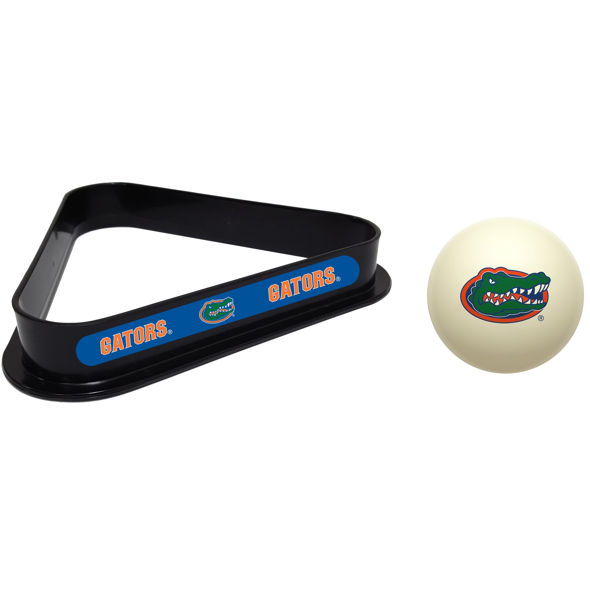 Buy Official Florida-Gators-Pool-Cue-Ball-Triangle-Rack-Set Regulation Cue Ball and Ball Rack Set - Premium Collegiate Billiards Combo View