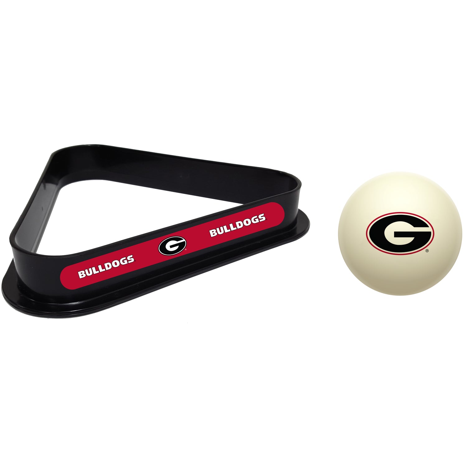 Buy Official Georgia-Bulldogs-Pool-Cue-Ball-Triangle-Rack-Set Regulation Cue Ball and Ball Rack Set - Premium Collegiate Billiards Combo View