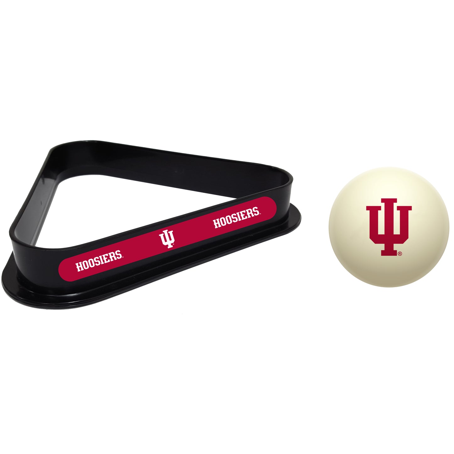 Buy Official Indiana-Hoosiers-Pool-Cue-Ball-Triangle-Rack-Set Regulation Cue Ball and Ball Rack Set - Premium Collegiate Billiards Combo View