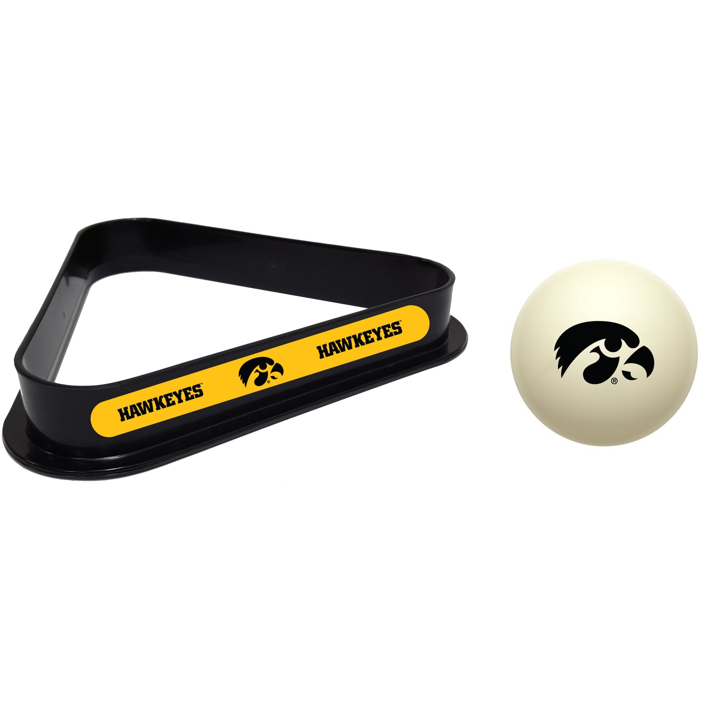 Buy Official Iowa-Hawkeyes-Pool-Cue-Ball-Triangle-Rack-Set Regulation Cue Ball and Ball Rack Set - Premium Collegiate Billiards Combo View