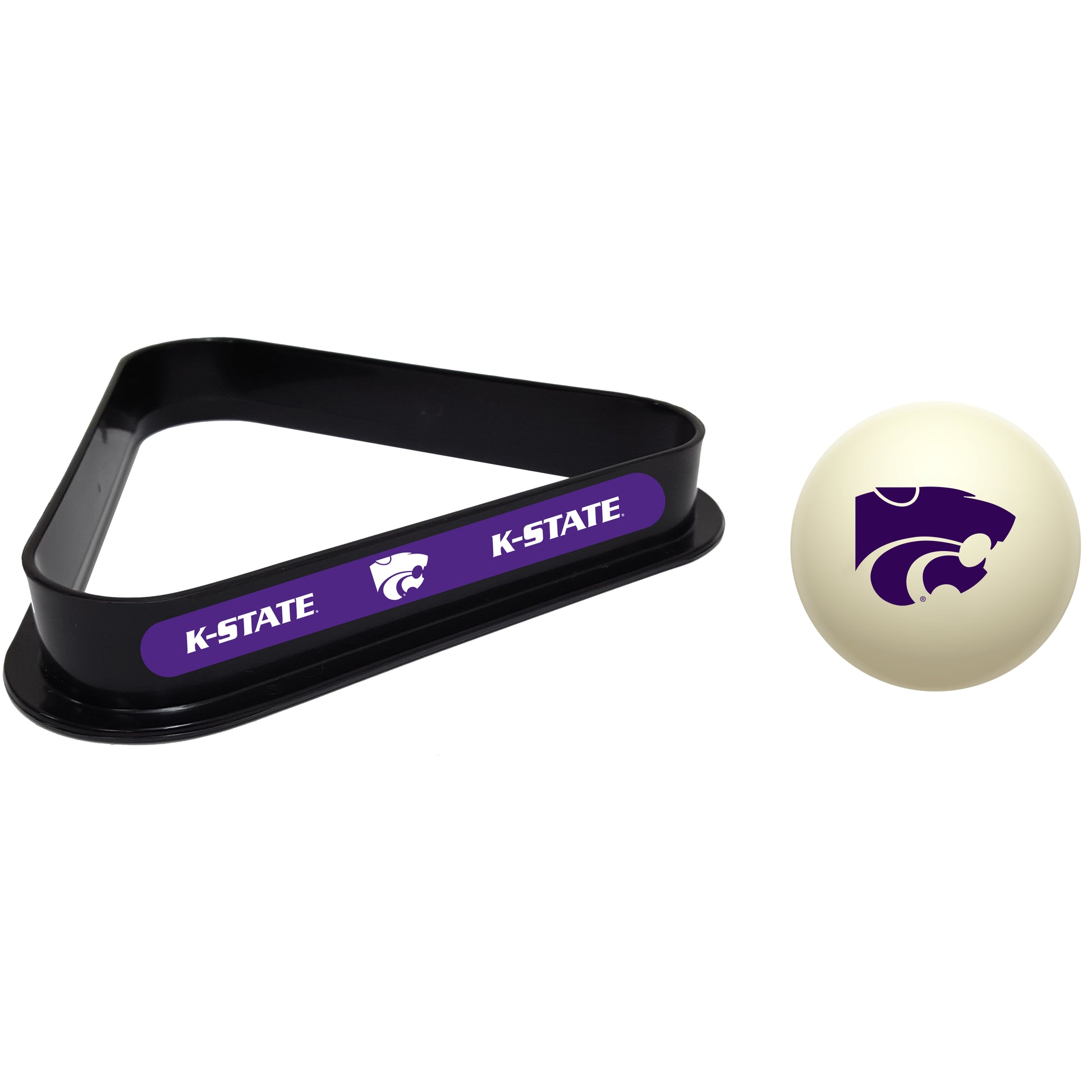 Buy Official Kansas-State-Wildcats-Pool-Cue-Ball-Triangle-Rack-Set Regulation Cue Ball and Ball Rack Set - Premium Collegiate Billiards Combo View