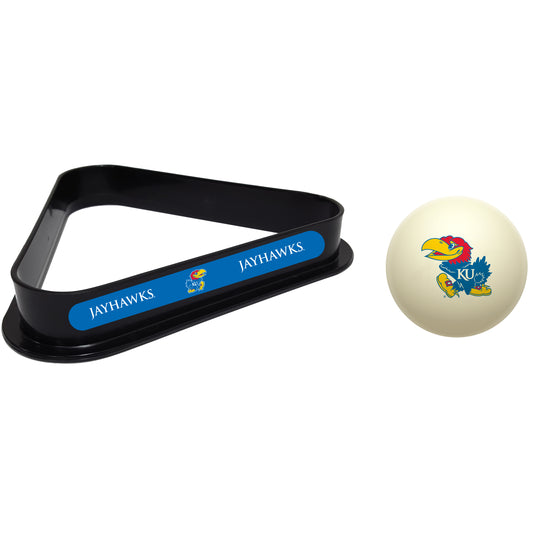 Buy Official Kansas-Jayhawks-Pool-Cue-Ball-Triangle-Rack-Set Regulation Cue Ball and Ball Rack Set - Premium Collegiate Billiards Combo View