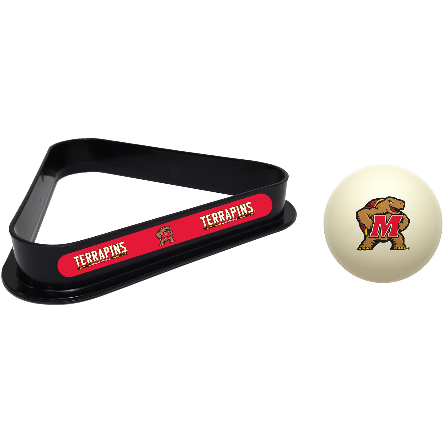 Buy Official Maryland-Terrapins-Pool-Cue-Ball-Triangle-Rack-Set Regulation Cue Ball and Ball Rack Set - Premium Collegiate Billiards Combo View