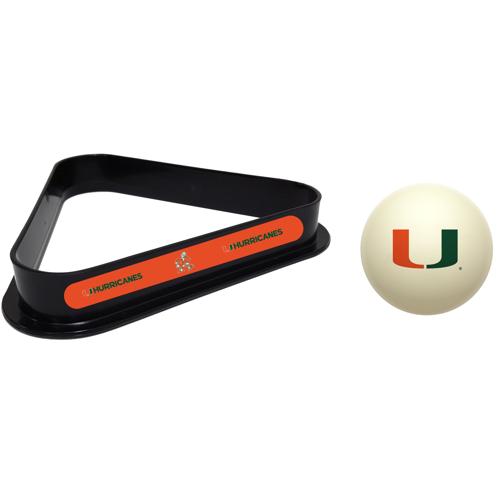 Buy Official Miami-Hurricanes-Pool-Cue-Ball-Triangle-Rack-Set Regulation Cue Ball and Ball Rack Set - Premium Collegiate Billiards Combo View