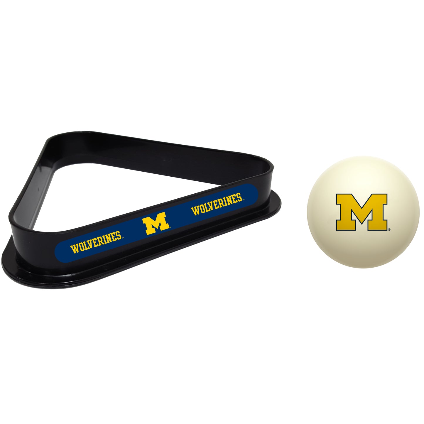 Buy Official Michigan-Wolverines-Pool-Cue-Ball-Triangle-Rack-Set Regulation Cue Ball and Ball Rack Set - Premium Collegiate Billiards Combo View