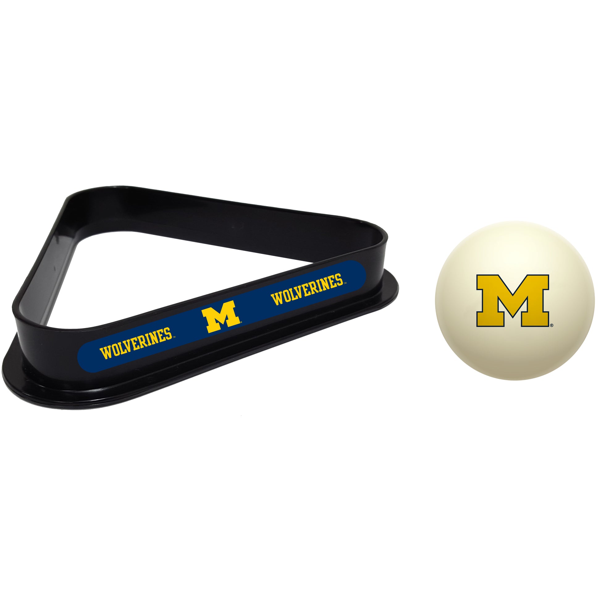 Buy Official Michigan-Wolverines-Pool-Cue-Ball-Triangle-Rack-Set Regulation Cue Ball and Ball Rack Set - Premium Collegiate Billiards Combo View
