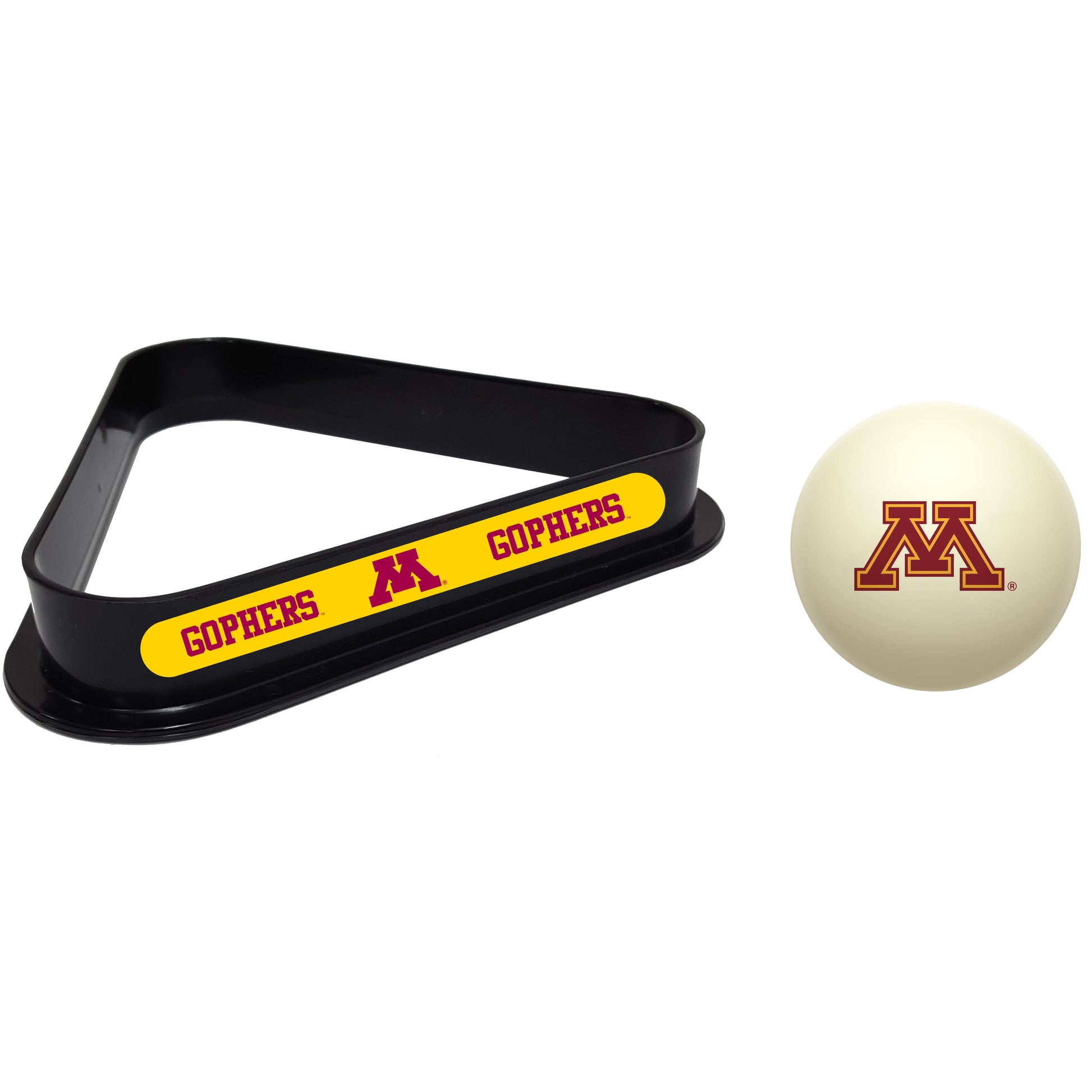Buy Official Minnesota-Golden-Gophers-Pool-Cue-Ball-Triangle-Rack-Set Regulation Cue Ball and Ball Rack Set - Premium Collegiate Billiards Combo View
