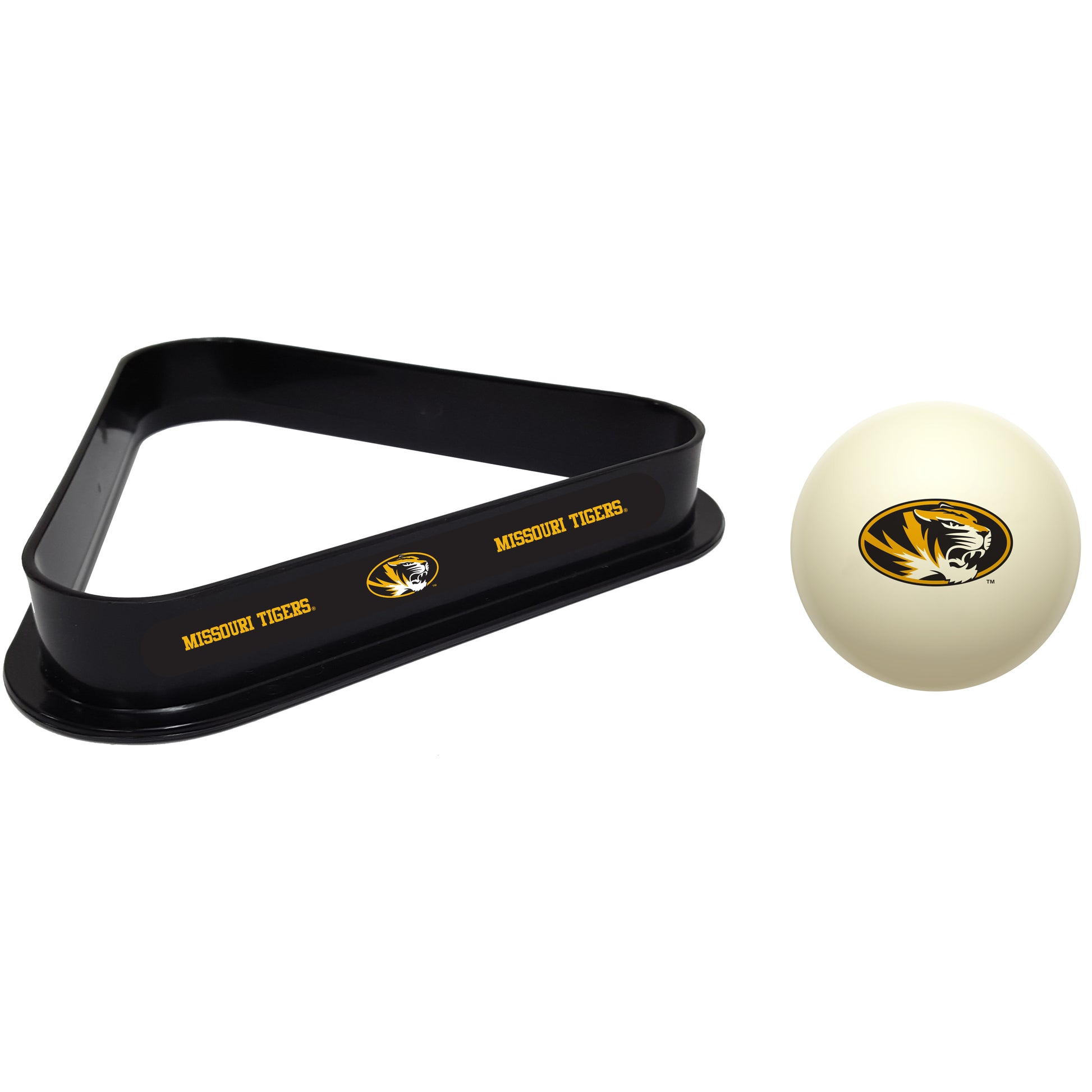 Buy Official Missouri-Tigers-Pool-Cue-Ball-Triangle-Rack-Set Regulation Cue Ball and Ball Rack Set - Premium Collegiate Billiards Combo View