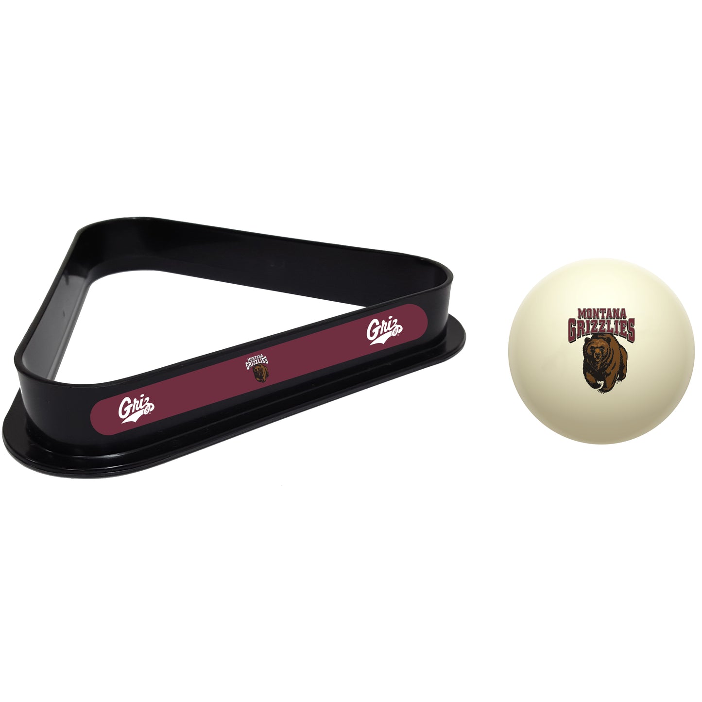 Buy Official Montana-Grizzlies-Pool-Cue-Ball-Triangle-Rack-Set Regulation Cue Ball and Ball Rack Set - Premium Collegiate Billiards Combo View