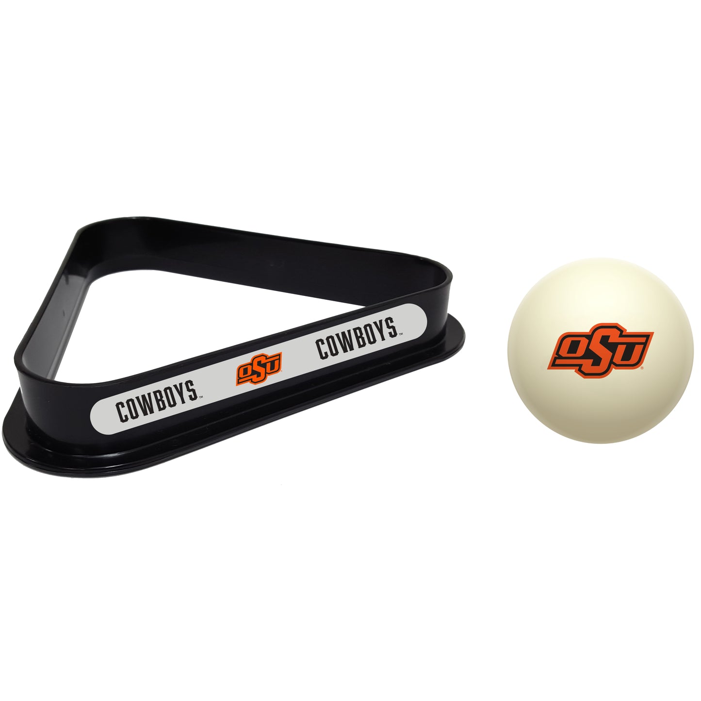 Buy Official Oklahoma-State-Cowboys-Pool-Cue-Ball-Triangle-Rack-Set Regulation Cue Ball and Ball Rack Set - Premium Collegiate Billiards Combo View