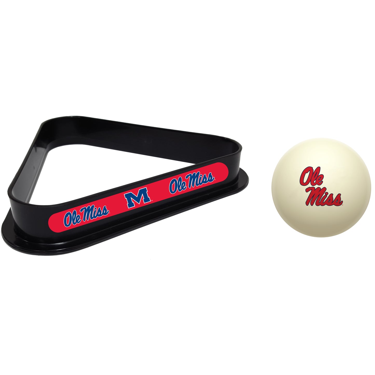 Buy Official Mississippi-Rebels-Pool-Cue-Ball-Triangle-Rack-Set Regulation Cue Ball and Ball Rack Set - Premium Collegiate Billiards Combo View