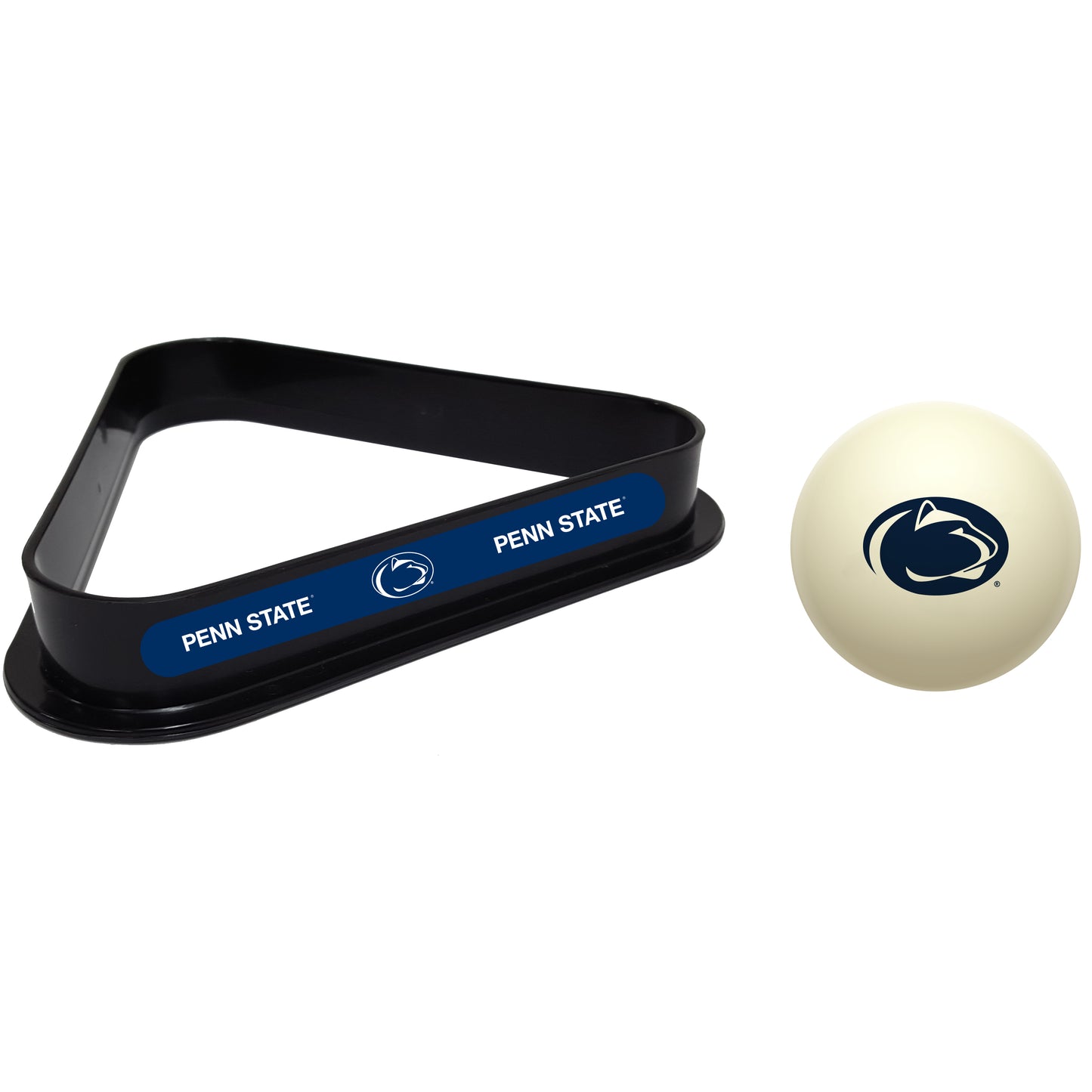 Buy Official Penn-State-Nittany-Lions-Pool-Cue-Ball-Triangle-Rack-Set Regulation Cue Ball and Ball Rack Set - Premium Collegiate Billiards Combo View