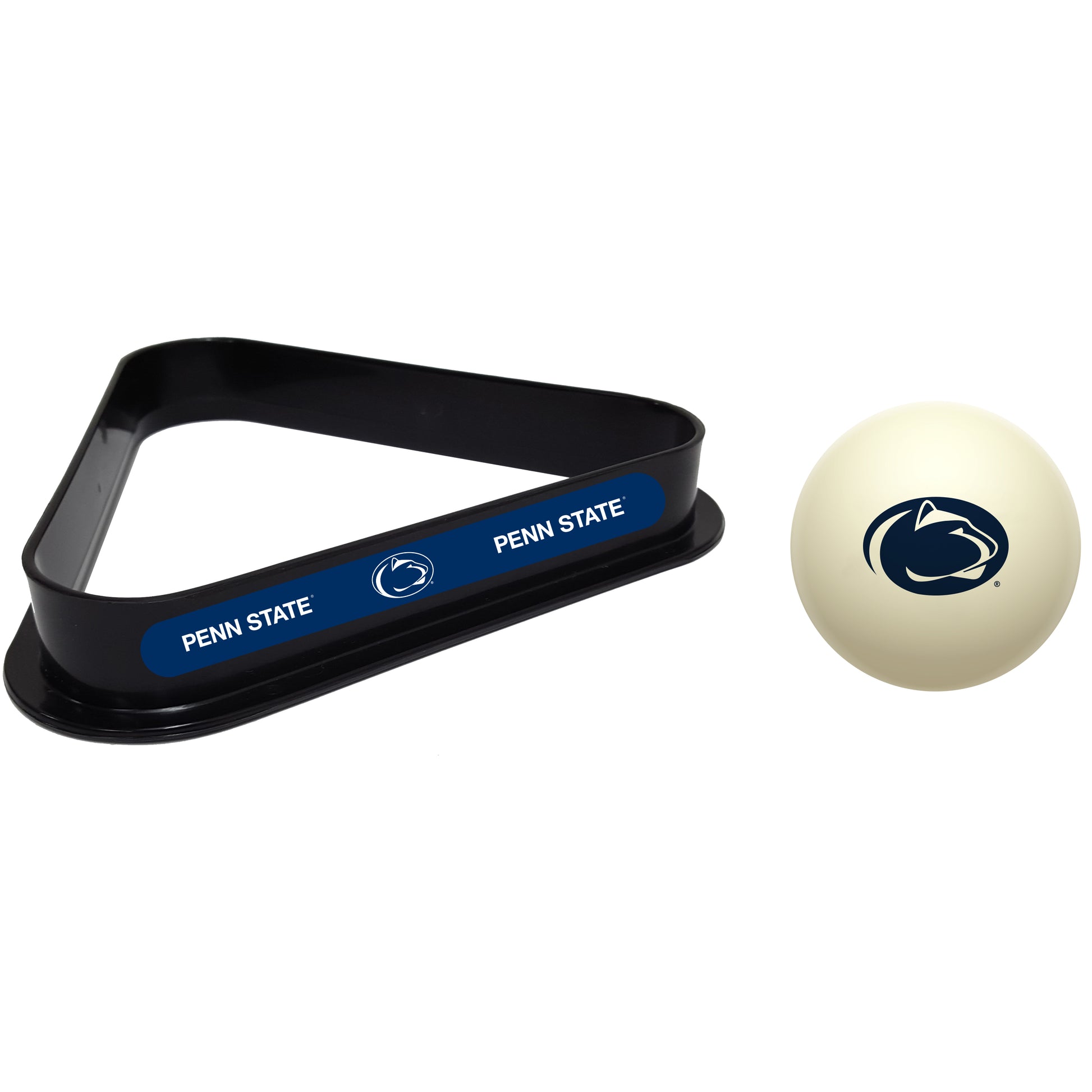 Buy Official Penn-State-Nittany-Lions-Pool-Cue-Ball-Triangle-Rack-Set Regulation Cue Ball and Ball Rack Set - Premium Collegiate Billiards Combo View