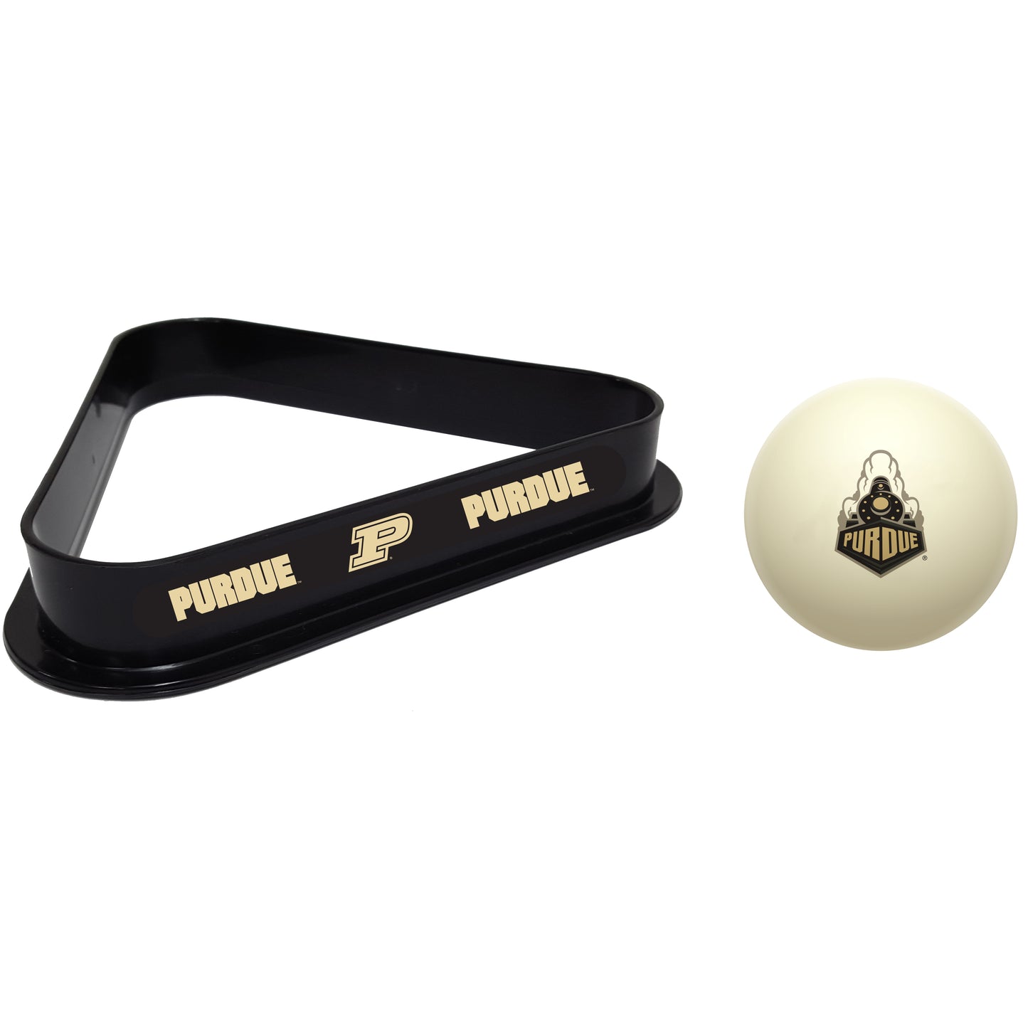 Buy Official Purdue-Boilermakers-Pool-Cue-Ball-Triangle-Rack-Set Regulation Cue Ball and Ball Rack Set - Premium Collegiate Billiards Combo View