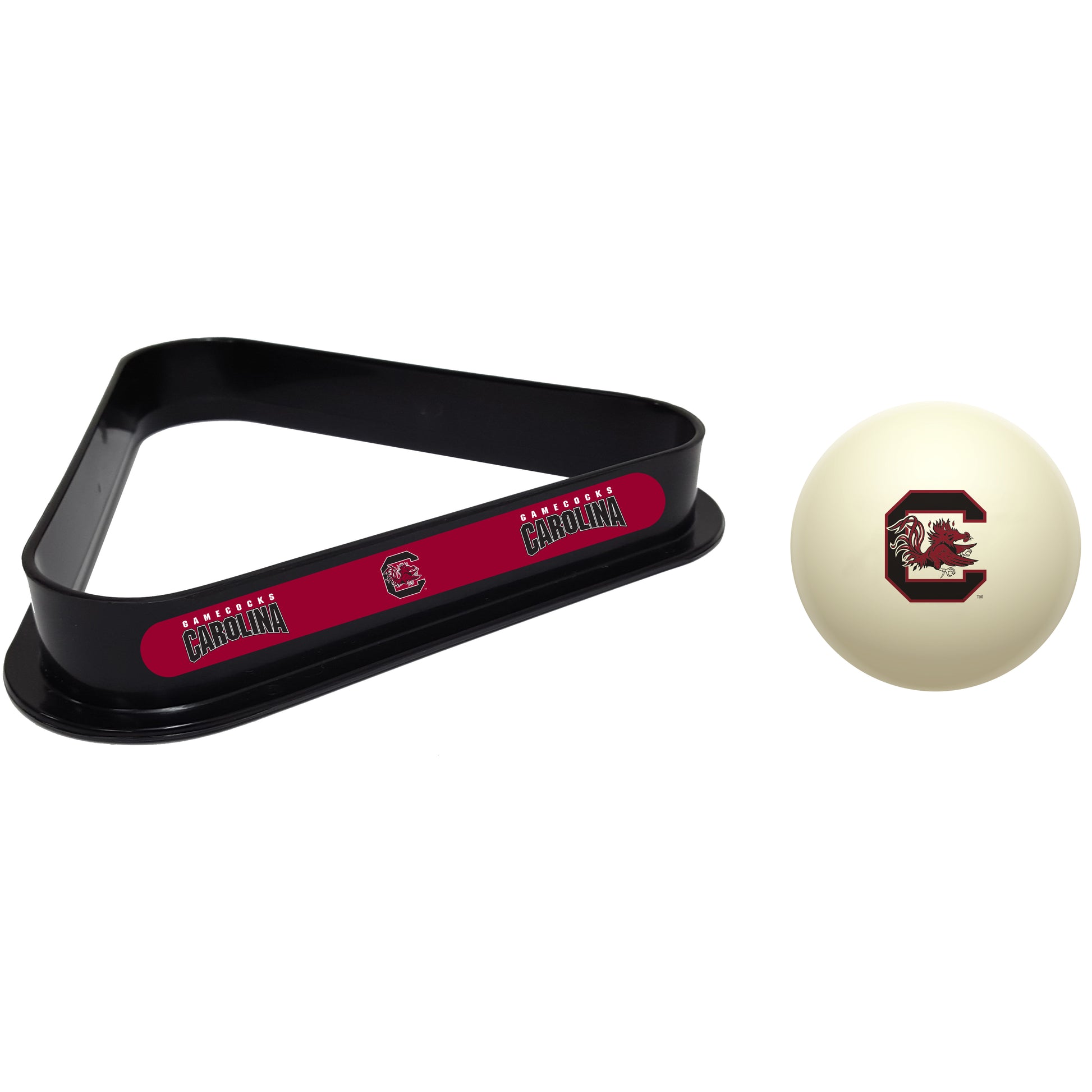 Buy Official South-Carolina-Gamecocks-Pool-Cue-Ball-Triangle-Rack-Set Regulation Cue Ball and Ball Rack Set - Premium Collegiate Billiards Combo View