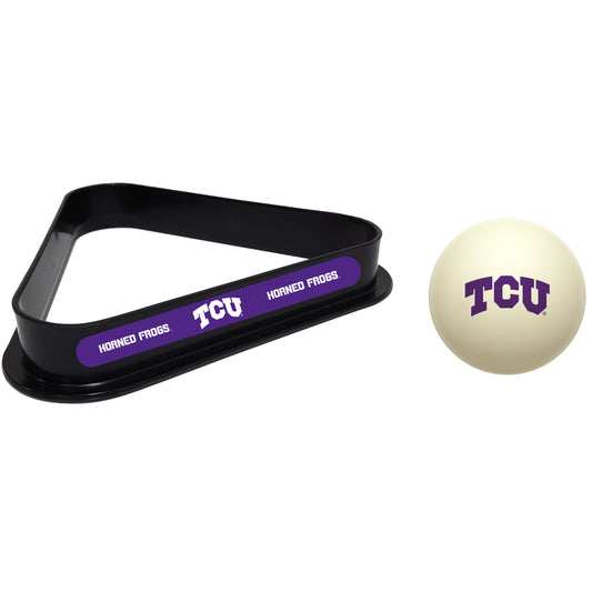 Buy Official Tcu-Horned-Frogs-Pool-Cue-Ball-Triangle-Rack-Set Regulation Cue Ball and Ball Rack Set - Premium Collegiate Billiards Combo View