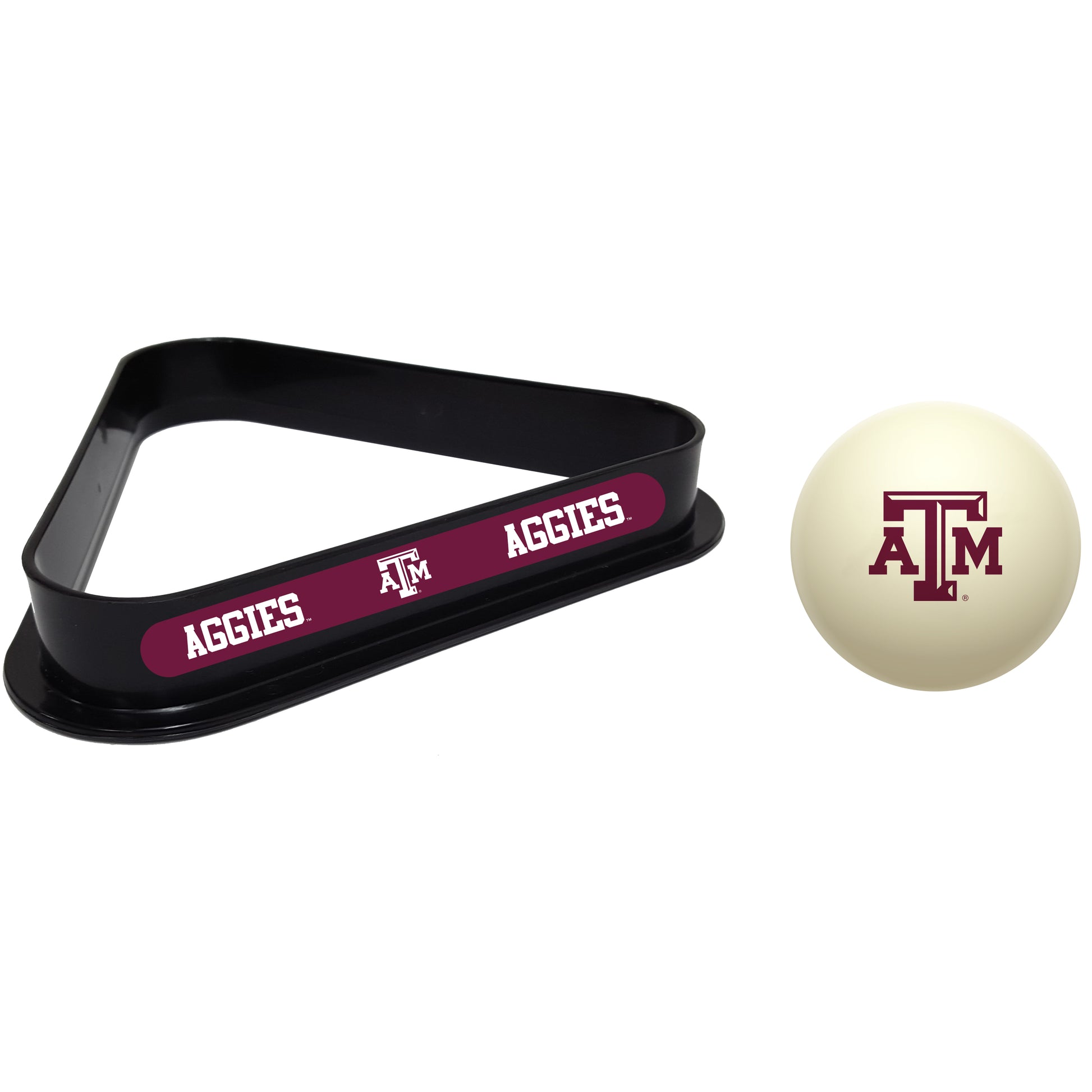 Buy Official Texas-Am-Aggies-Pool-Cue-Ball-Triangle-Rack-Set Regulation Cue Ball and Ball Rack Set - Premium Collegiate Billiards Combo View