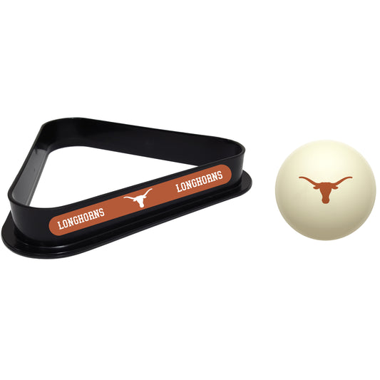Buy Official Texas-Longhorns-Pool-Cue-Ball-Triangle-Rack-Set Regulation Cue Ball and Ball Rack Set - Premium Collegiate Billiards Combo View