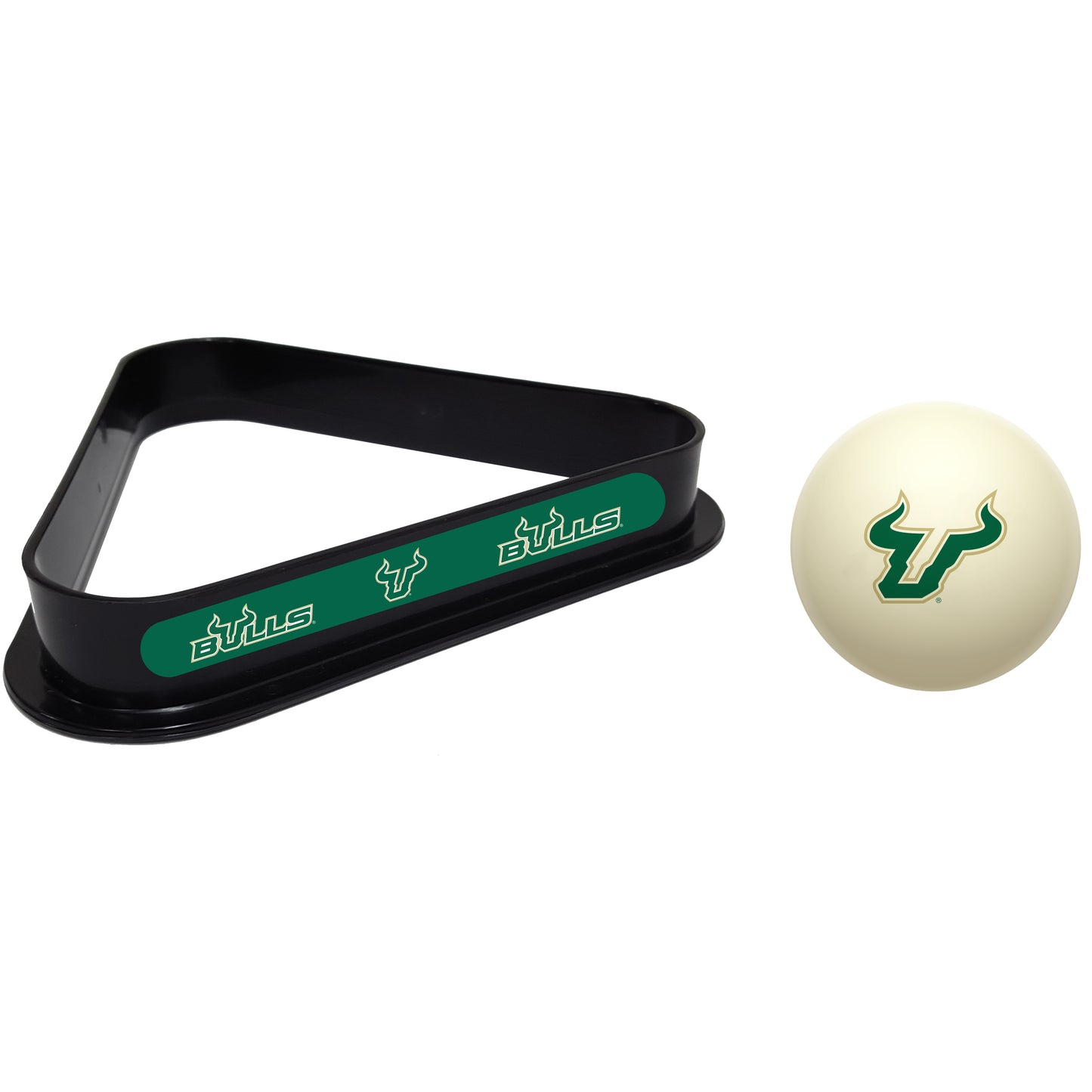 Buy Official South-Florida-Bulls-Pool-Cue-Ball-Triangle-Rack-Set Regulation Cue Ball and Ball Rack Set - Premium Collegiate Billiards Combo View