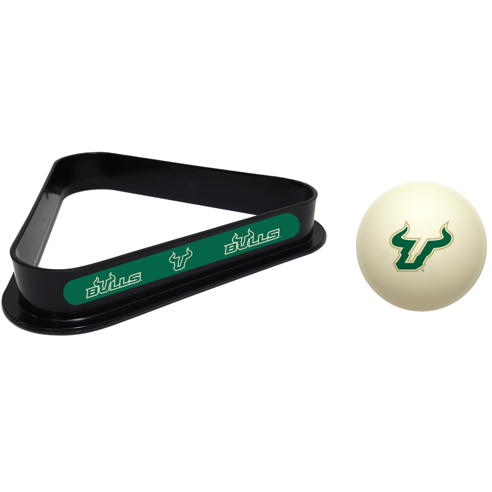 Buy Official South-Florida-Bulls-Pool-Cue-Ball-Triangle-Rack-Set Regulation Cue Ball and Ball Rack Set - Premium Collegiate Billiards Combo View