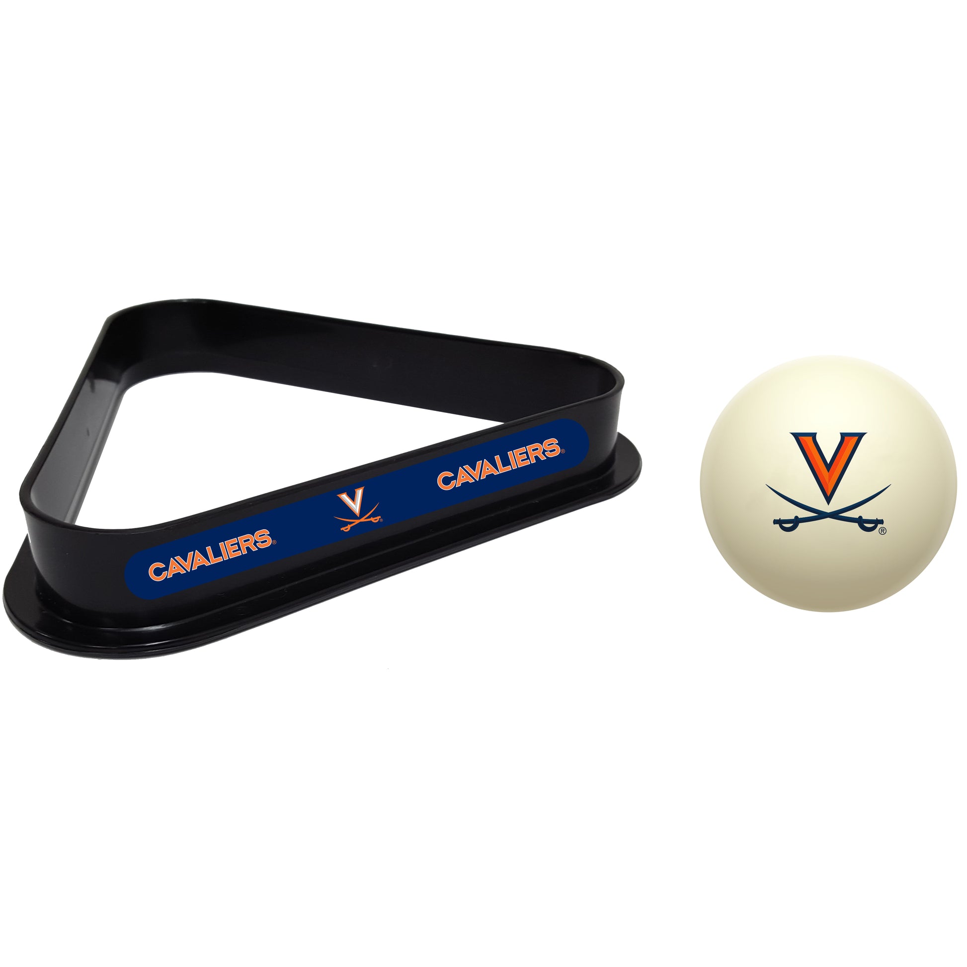 Buy Official Virginia-Cavaliers-Pool-Cue-Ball-Triangle-Rack-Set Regulation Cue Ball and Ball Rack Set - Premium Collegiate Billiards Combo View