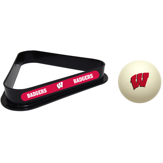Buy Official Wisconsin-Badgers-Pool-Cue-Ball-Triangle-Rack-Set Regulation Cue Ball and Ball Rack Set - Premium Collegiate Billiards Combo View